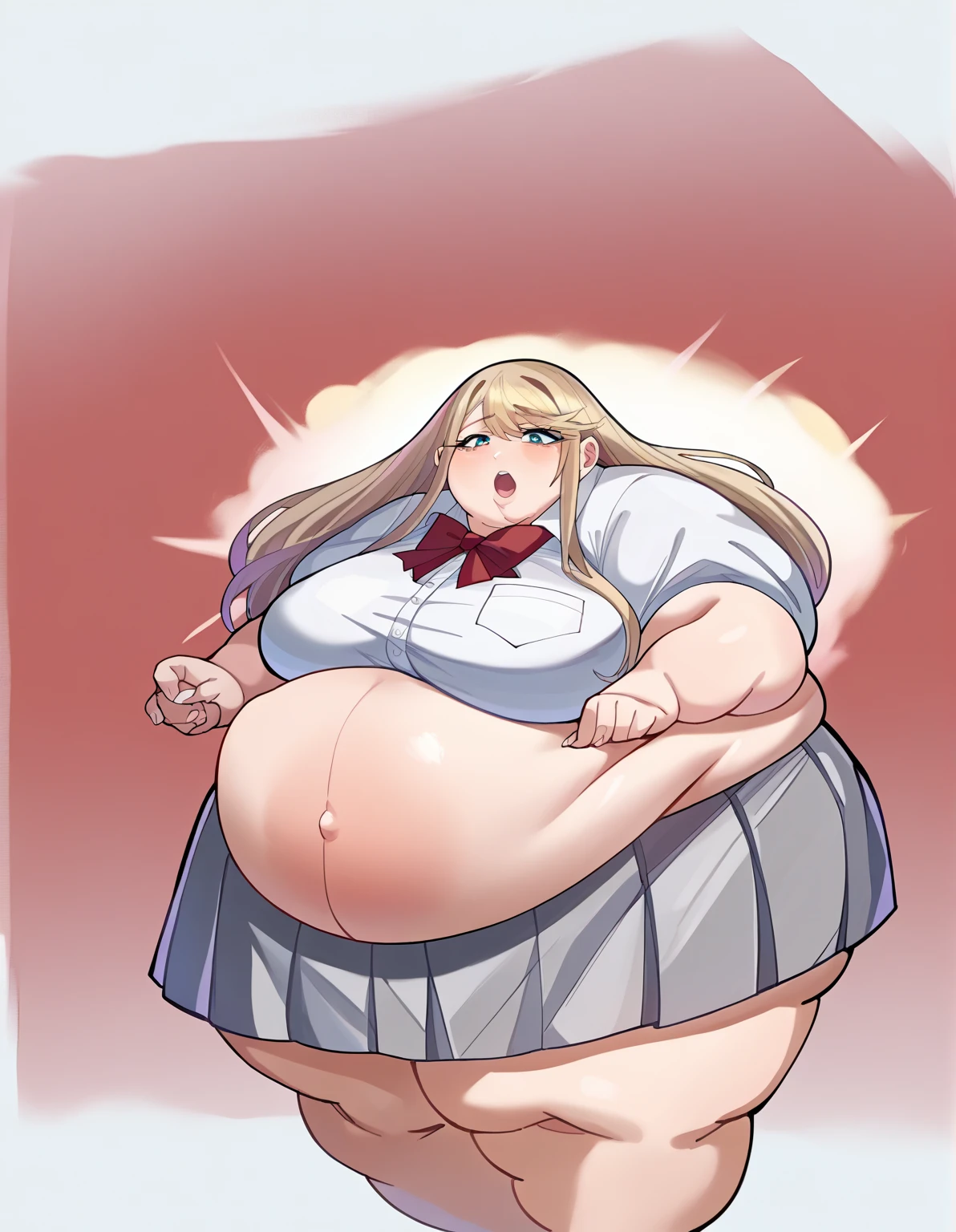 score_9, score_8_up, score_7_up, source_anime, KitagawaMarin, 1girl, ((obesse)), ((morbid obesity)), ((belly stuffed)), ((provocative)), ((very drunk)), ((staggers)), ((agitated)), ((provocative)), upper teeth only, multicolored hair, long hair, magenta eyes, ear piercing, earrings, pink nails, makeup, MarinSchool, bead bracelet, black choker, neck bell, ring, collared shirt, ((white shirt unbuttoned at the bottom)), short sleeves, blue necktie, plaid skirt, ((blue skirt)), tied shirt, ((in a bed)), looking at viewer, ((has a stomach ache)), ((shows her naked breasts)), ((skirt lowered)), a person looks at her