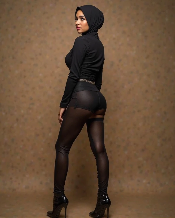 RAW photo,dark,moody,hazy atmosphere,35mm focal lenght,underexposed,cold,candid photograph,artistic,full body,photo of a beautiful,influencer,30yo Moroccan woman,black hijab,detailed skin,naked, looking at viewer, thick body structure,grey background,no background, candid pose,dim room,blue light, film grain, kodak color, instagram LUT