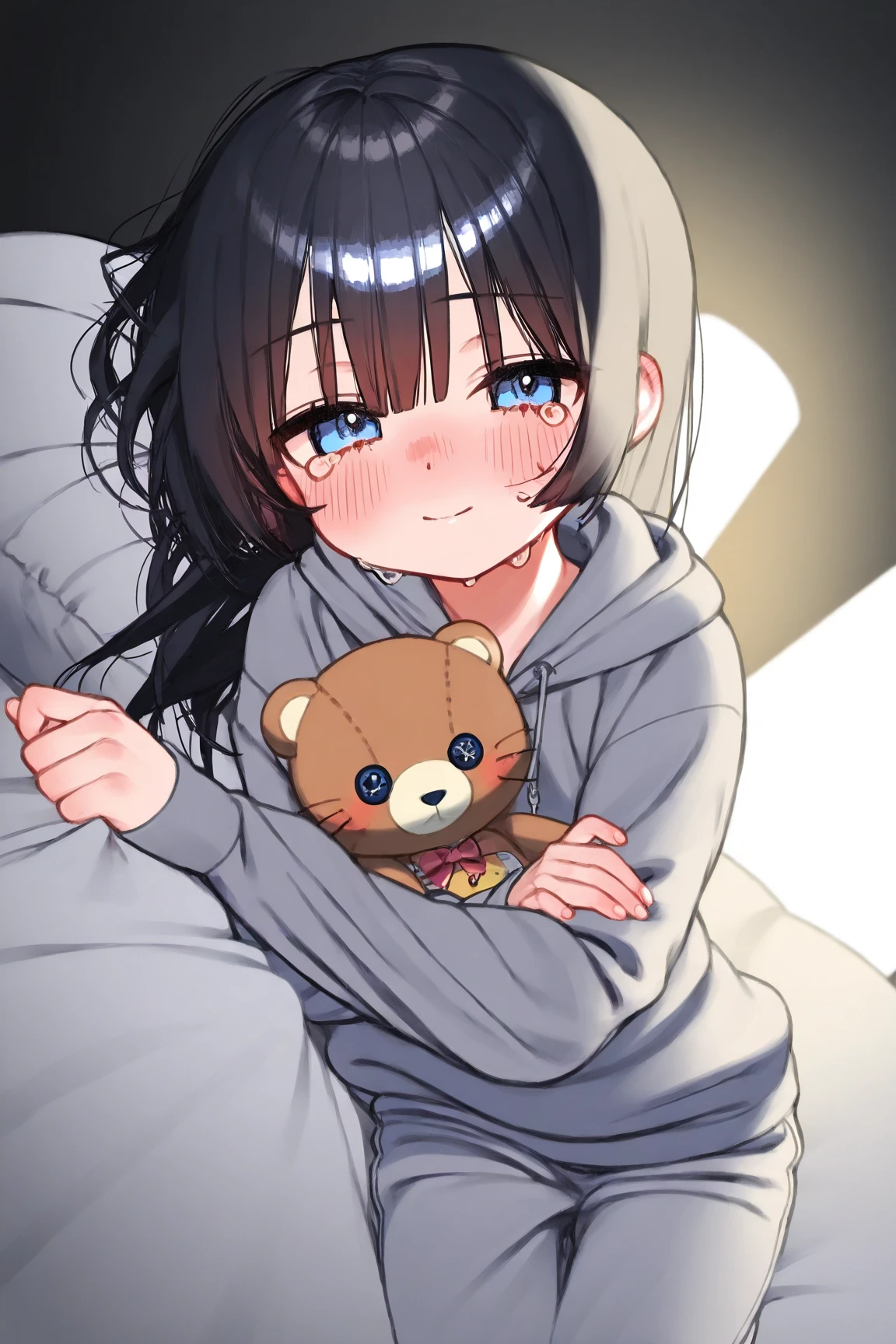 An adorable girl is sleeping peacefully on the couch, wrapped in extremely cute pajamas. Your pajamas are made of a soft and cozy fabric, in a soft color and with charming prints, such as hearts, stars or cute animals. She's lying on her side, hugging her favorite pillow, with a serene smile on her face. Her hair is slightly messy, giving her an even more charming look. Next to her is a fluffy, colorful blanket that keeps her warm in her sleep. The living room is illuminated by a soft light, providing a quiet and relaxing atmosphere. The girl conveys a sense of serenity and peace while lounging in the comfort of the couch.