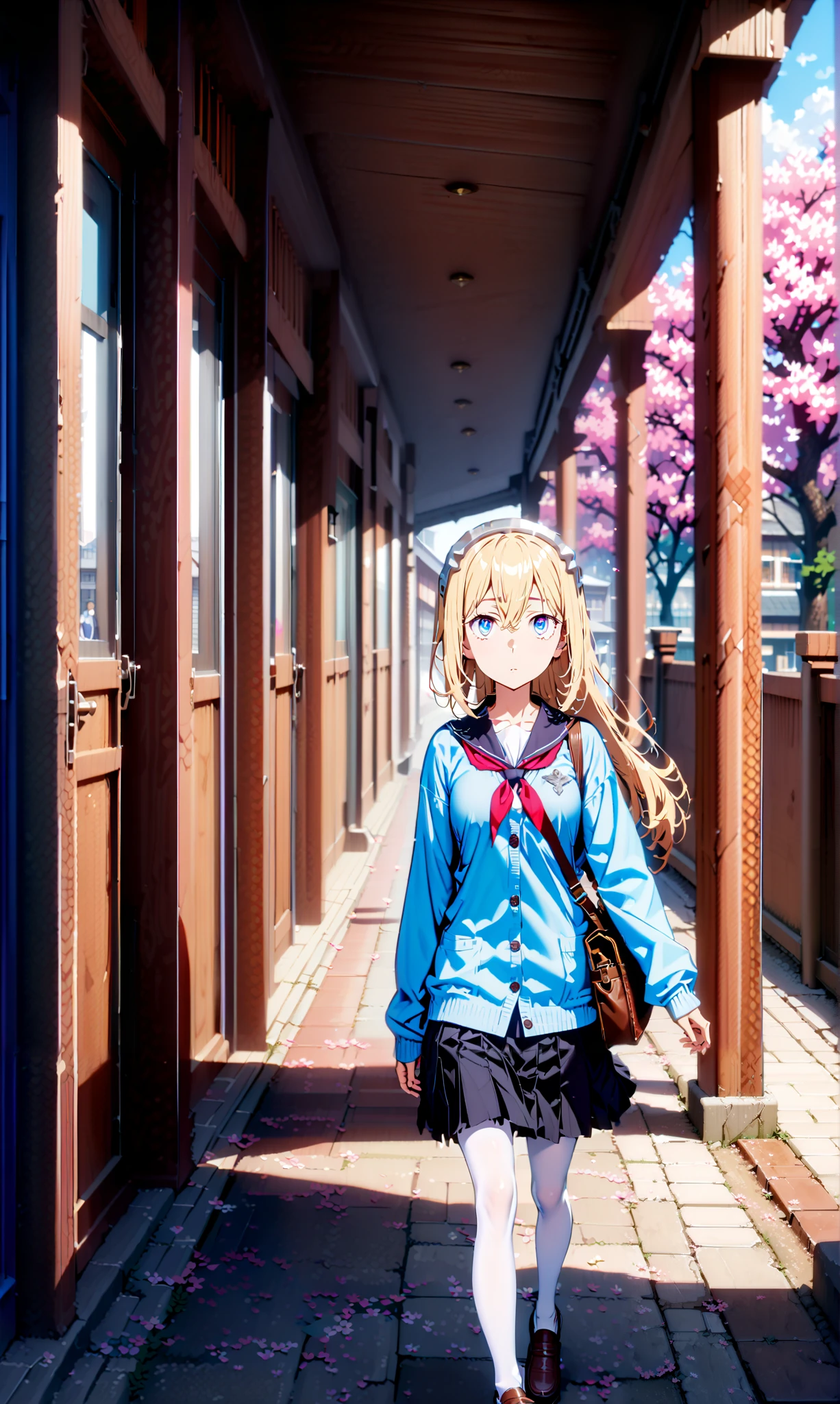 Eyes Wallenstein, Eyes Wallenstein, Gold, hair between eyes, headband, long hair, , and the eyes are,Black sailor suit,long sleeve,blue cardigan,black pleated skirt,white pantyhose as if it were in the illustration,loafers,Student bag 1 :1,is walking,morning,cherry blossoms,School building,Trail,full bodyがillustrationsに入るように,break indoors,school gate,
break looking at viewer,full body,
break (masterpiece:1.2), top quality, high definition, Unity 8k 壁紙, (illustrations:0.8), (beautiful detailed eyes:1.6), Highly Detailed Face, so that it fits into the illustration, extremely detailed CG, (Perfect Hand, PERFECT ANATOMY),
