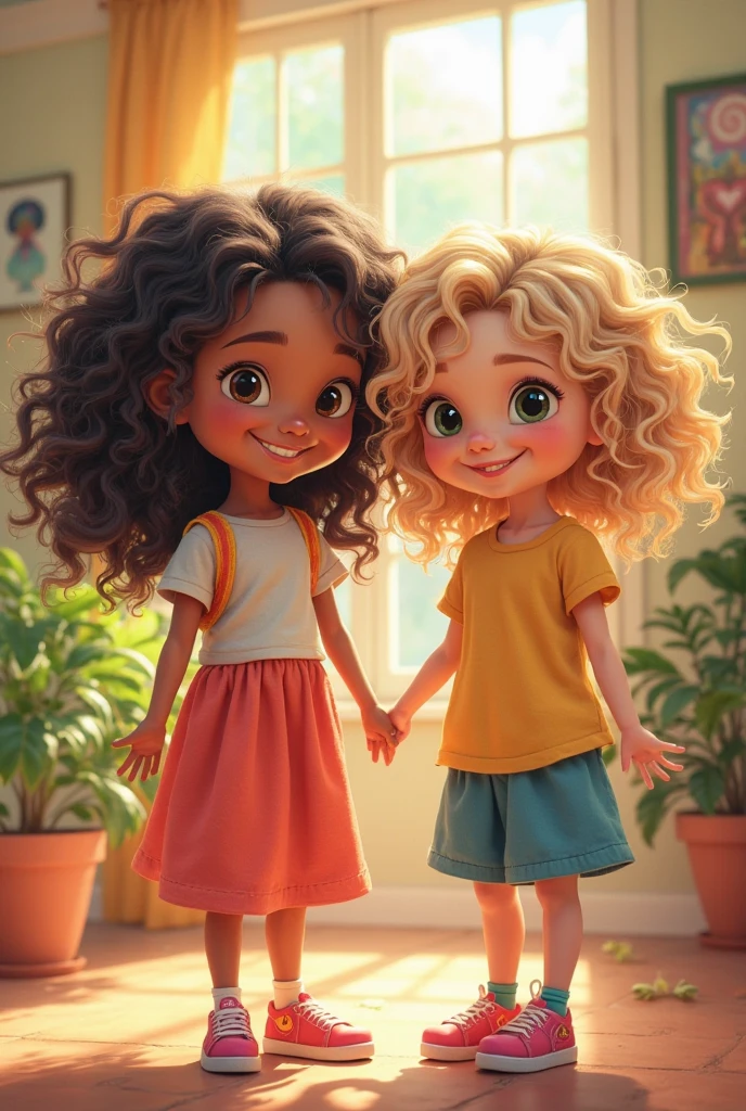 Little sisters, one with brunette curly hair and the other with white skin and blonde hair, happy