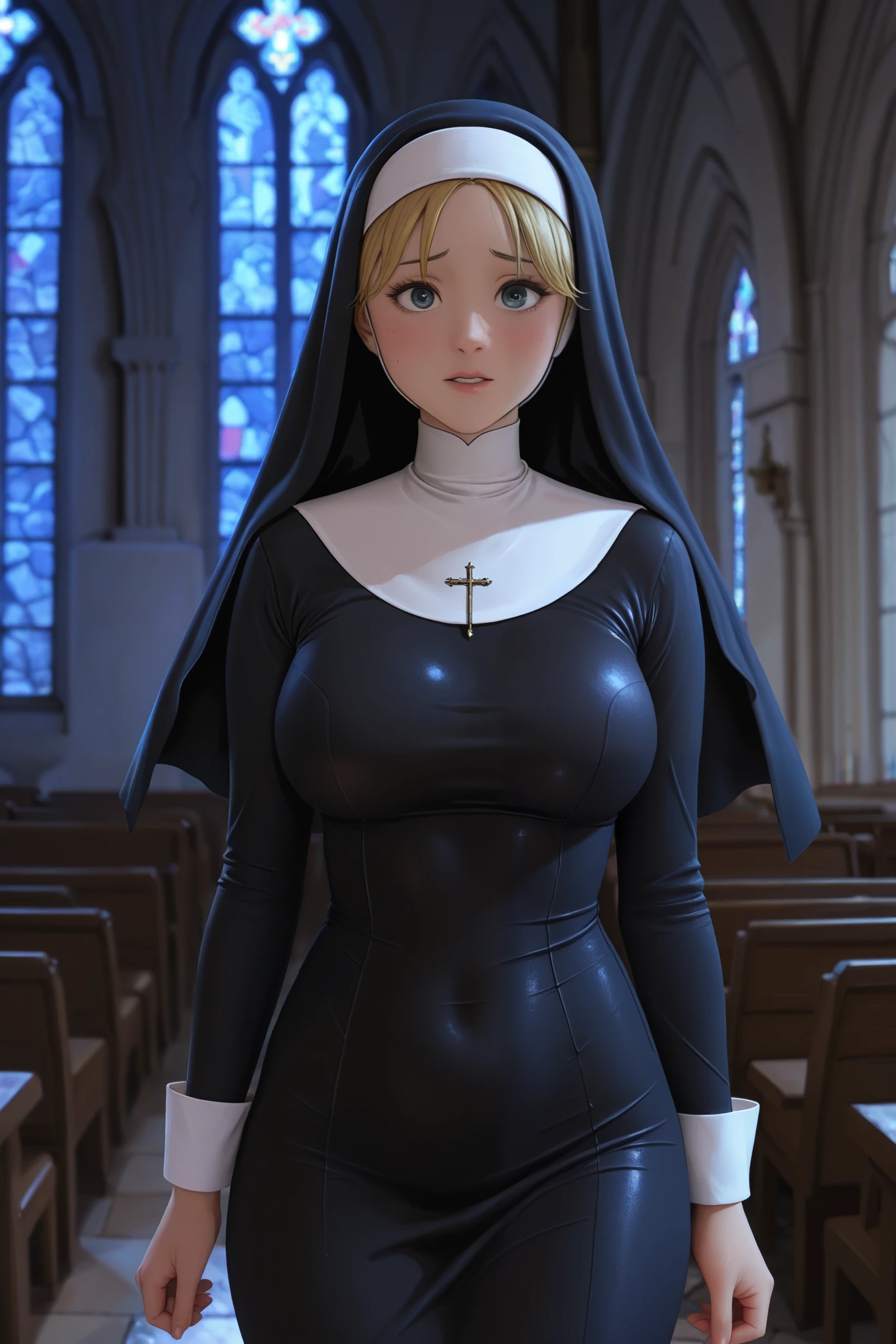 Maisie Williams, masterpiece quality, (masterpiece quality:1.5), realistic, inside catholic cathedral, church altar in background, church parishoners sitting in background, wearing nun habit, wearing nun outfit, small breasts, sexy pose