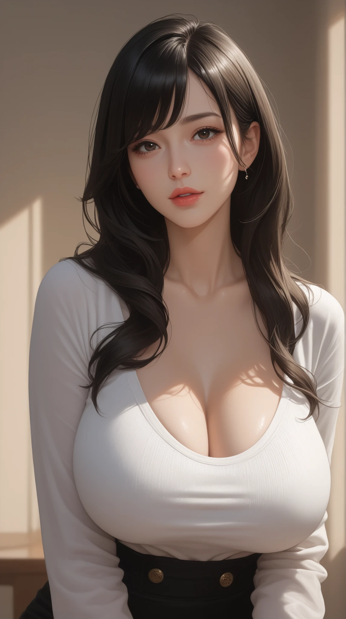 ((masterpiece, best quality)), (((masterpiece, best_quality, highest quality))), (perfect detail, perfect skin:1.2),(highres), original,extremely detailed 8K wallpaper,(an extremely delicate and beautiful),incredibly_absurdres, intricate detail, distinct_image,extremely intricate,(detailed skin:1.3) , best quality:1.2, High definition, intricate details, finely detailed, beautiful detailed, high detailed skin, ((glossy skin)), shiny skin, (white skin:1.3), (pale skin:1.3),(natural light, ray tracing, volumetric light), (golden-ratio face, perfect proportioned face, perfectly beautiful:1.3), (reflected diffuse light to face:1.3), (white background, simple background:1.5), (have the same eye size:1.2), (have the same eye color:1.2), (have the same eye shape:1.2), ((looking at viewer, eye contact)),((eye contact)),(cowboy shot:1.5), 1girl, young babe, (large breasts:1.3), (GRAY:1.3), (turtleneck:0.7), (tight dress:1.3), (black hair:1.5), (brown eyes:1.5)