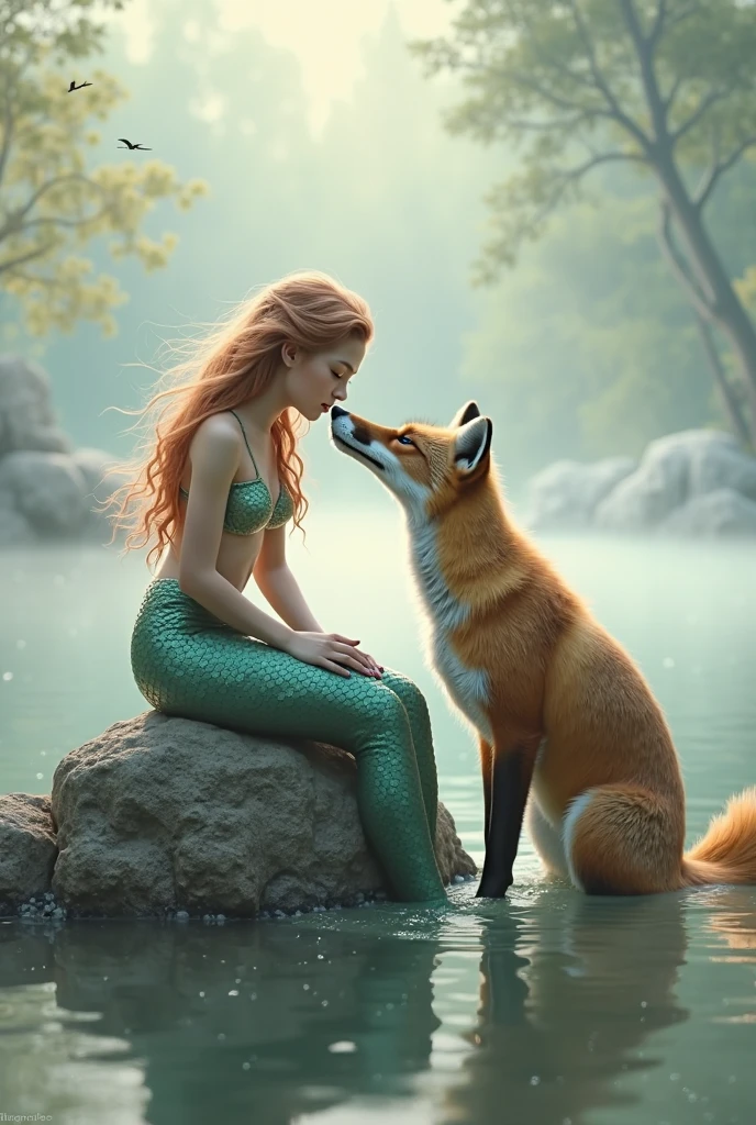 Drawing of a black cat with clothes, lying on the edge of a lake kissing a green-tailed mermaid , yellow hair with bangs 