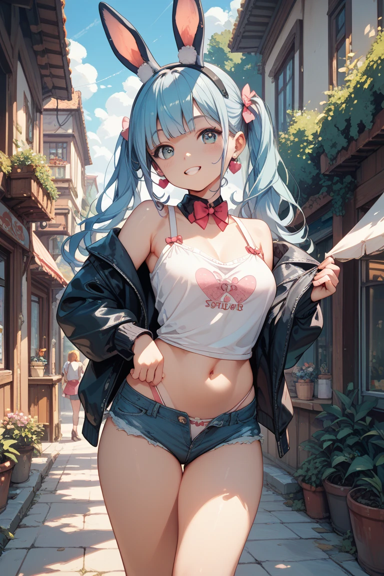 vibrant colors, (masterpiece), (realistic), (best quality), (ultra-detailed), amazing, femboy, hermaphrodite, fem presenting non-binary, 19 years old, (light-blue hair), fluffy hair, hair brushing shoulders, medium hair, small breasts, tiny breasts, flat_chest, slender waist, smile, beautiful eyes, magenta pink eyes, round glasses, ((hyper ultra detailed perfect piece)), illustration, masterpiece, (extremely detailed CG 8k), (very fine 8K CG), smile, cinematic lighting, thick lips, pink lipstick, kiss pov, leaning in, side swept bangs, late at night, erection, thick full lips, big plump lips, pear-shaped figure, feminine hips, sweet smile, hands behind back, short shorts, croptop, feminine, otoko no ko, bulge, circle-glasses