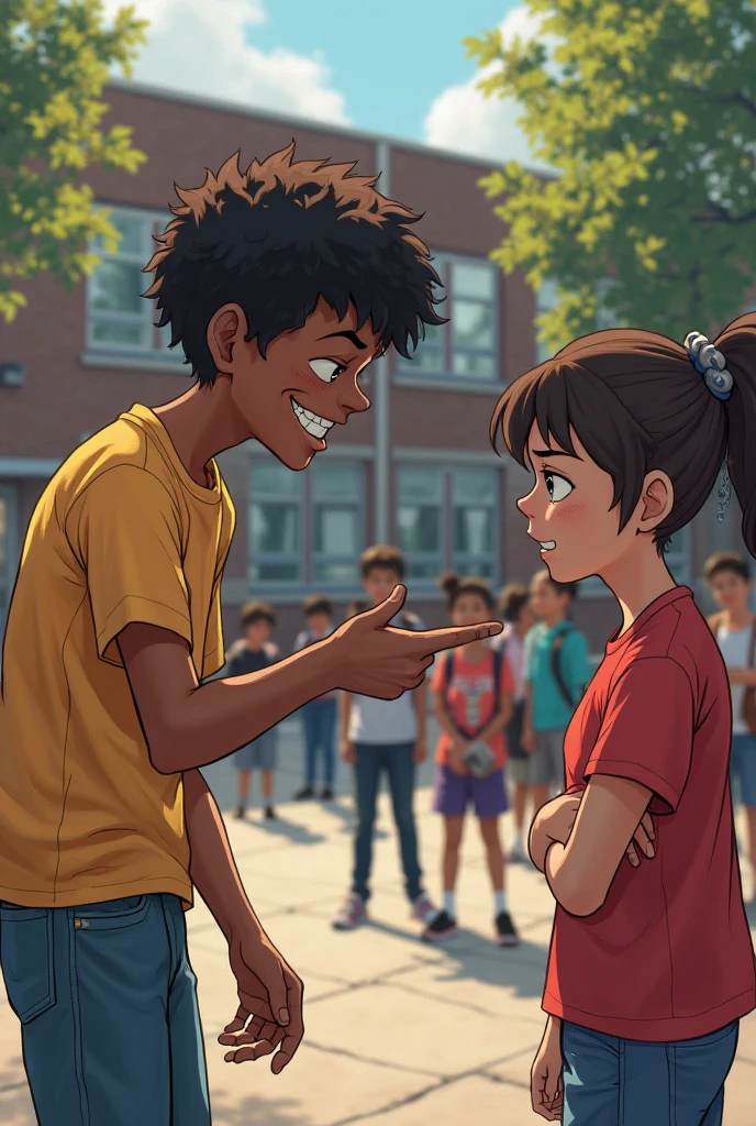 An 11 year old girl with brown skin and brown eyes and brown hair ignored an boy with black hair and black skin because he said she bothers him she is angry because of that he is in the scene