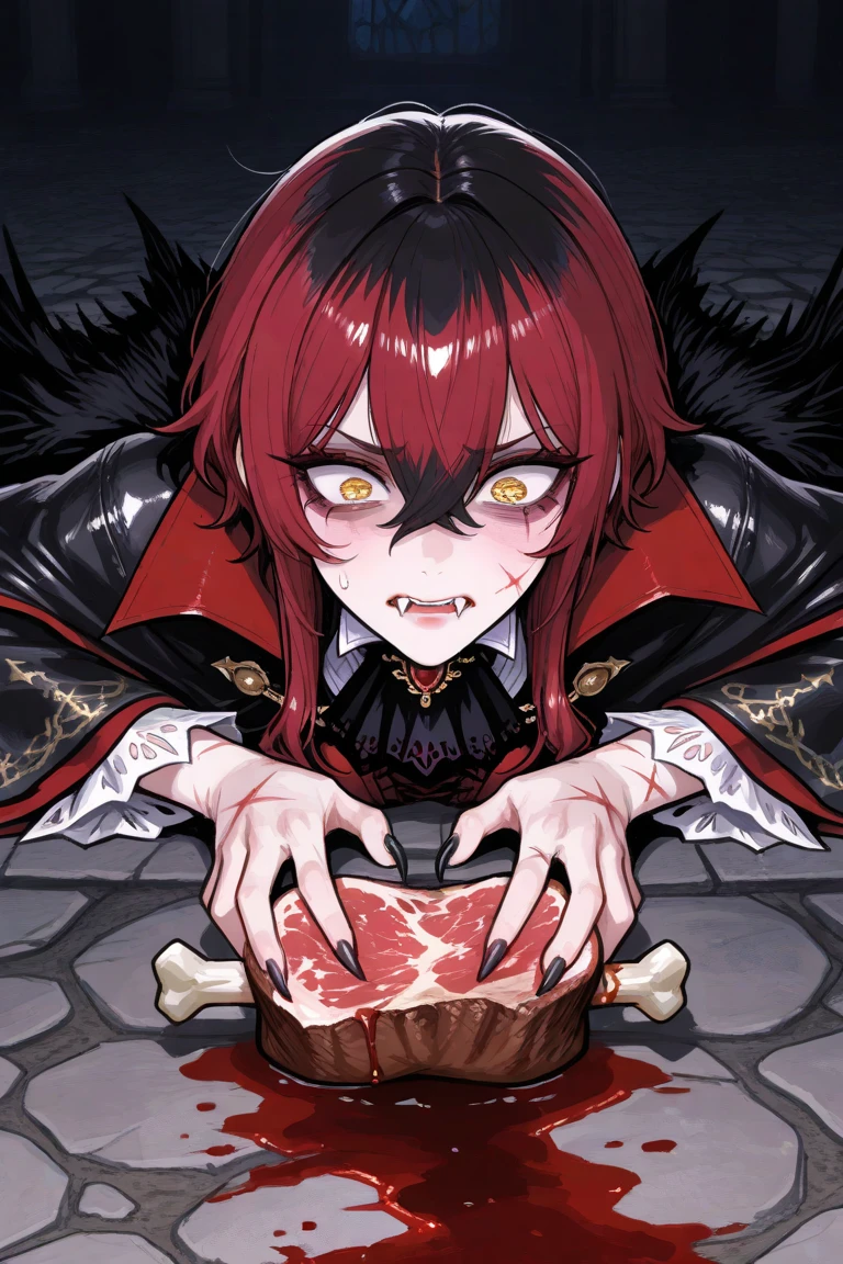dark aura, hell, male, purple eyes, bats, blood, red hair, chain, experienced, tatoo, long parted bang, disease, old a skull on hand, cool, bones, emperor cloak, purple flame