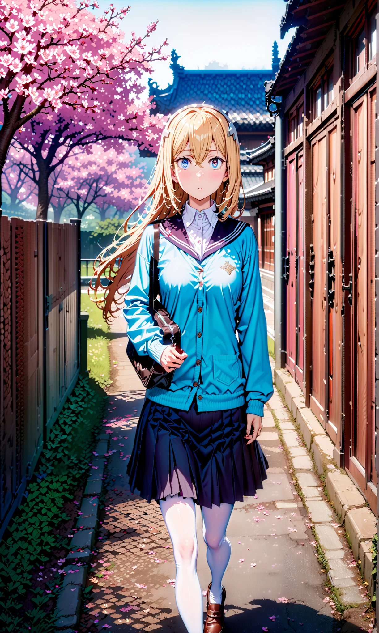 Eyes Wallenstein, Eyes Wallenstein, Gold, hair between eyes, headband, long hair, , and the eyes are,Black sailor suit,long sleeve,blue cardigan,black pleated skirt,white pantyhose as if it were in the illustration,loafers,Student bag 1 :1,is walking,morning,cherry blossoms,School building,Trail,full bodyがillustrationsに入るように,break indoors,school gate,
break looking at viewer,full body,
break (masterpiece:1.2), best quality, high definition, Unity 8k 壁紙, (illustrations:0.8), (beautiful detailed eyes:1.6), Highly Detailed Face, so that it fits into the illustration, extremely detailed CG, (Perfect Hand, PERFECT ANATOMY),