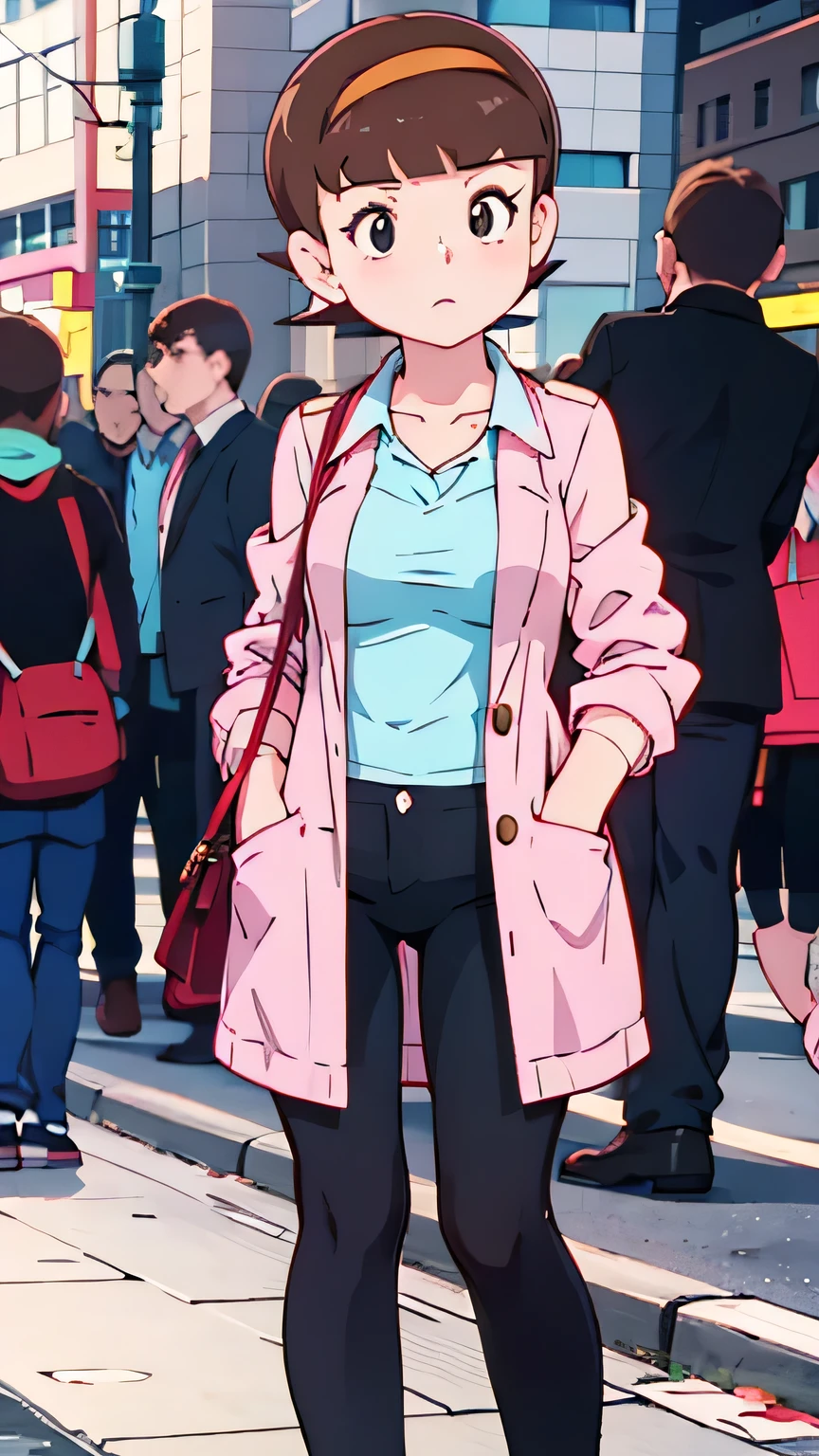 Cute, tall, slim, hoshinosumire, young adult, 18+, medium breasts hips, on the streets, hand in her pant's pocket, detailed, realistic lighting