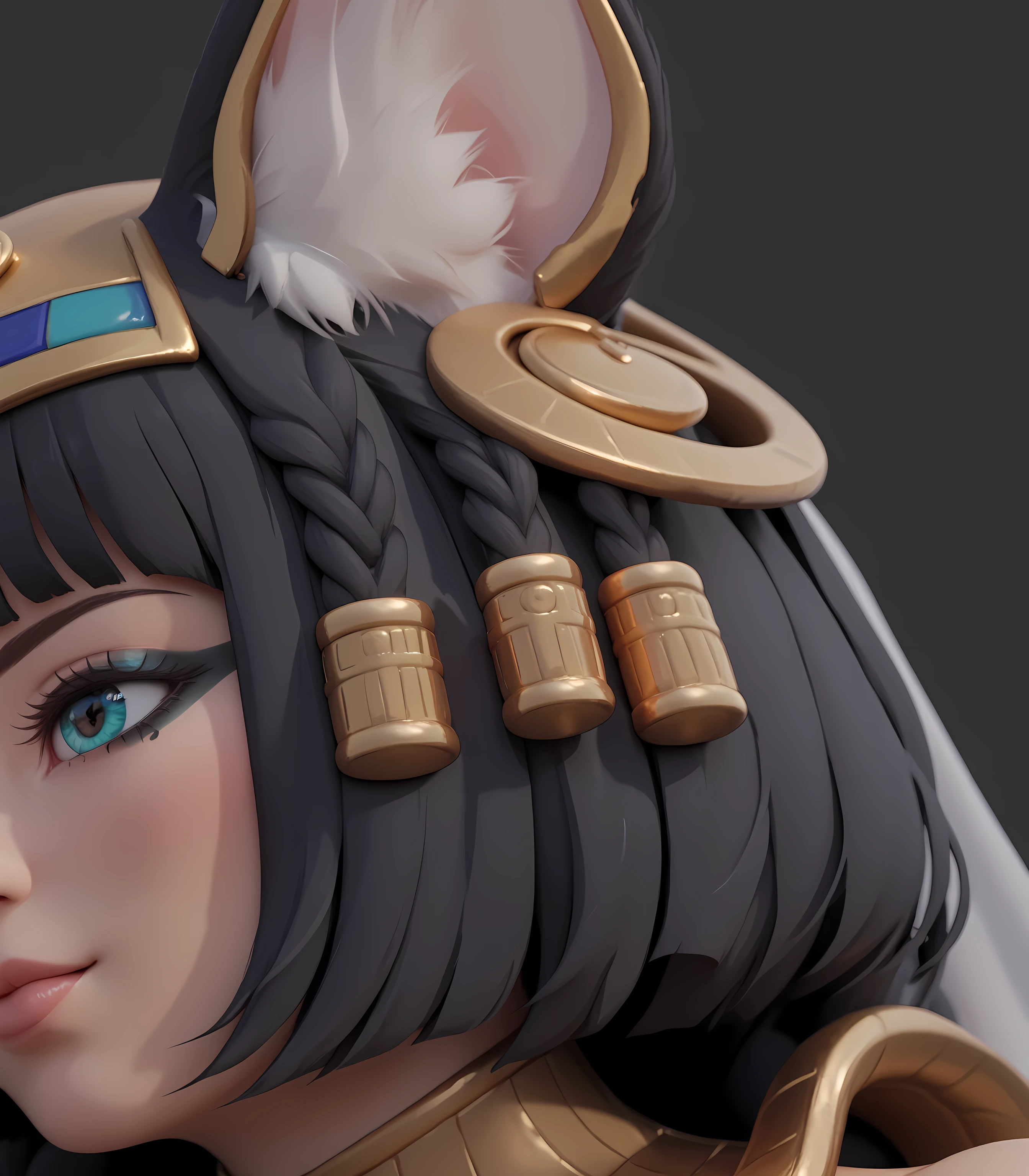 big eyes,from the side,3D rendered Egyptian-style female character in profile view. Smooth, glossy black hair with straight bangs. Distinctive white teardrop-shaped cat ear ornament on top of the head with gold trim edges. Three elegant black braids hanging from beneath the cat ear decoration, each ending with cylindrical gold metal accessories that add a luxurious touch. The headdress features an Egyptian-inspired design with turquoise decorative band across the forehead. Character has striking turquoise eyes, dark eye makeup, and a small facial tattoo under one eye. Wearing brown and gold shoulder armor with turquoise accents. Clean gray background. Stylized game character design with smooth textures and soft lighting