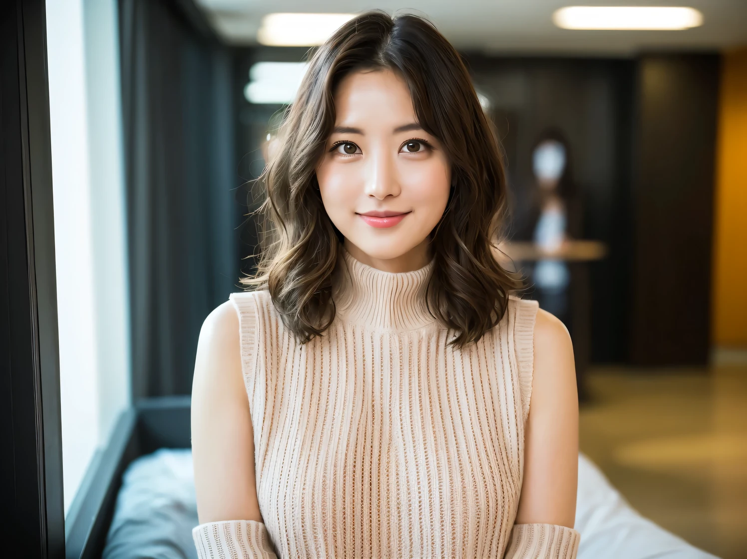 hostess face、sexy face、turtleneck wool sweater、skirt、High quality、Super realistic、healthy、smiling expression、perfect slender figure、Japanese beauty、 perfect eyes、Shining beautiful skin、upper part of the body、Tokyo skyscrapers