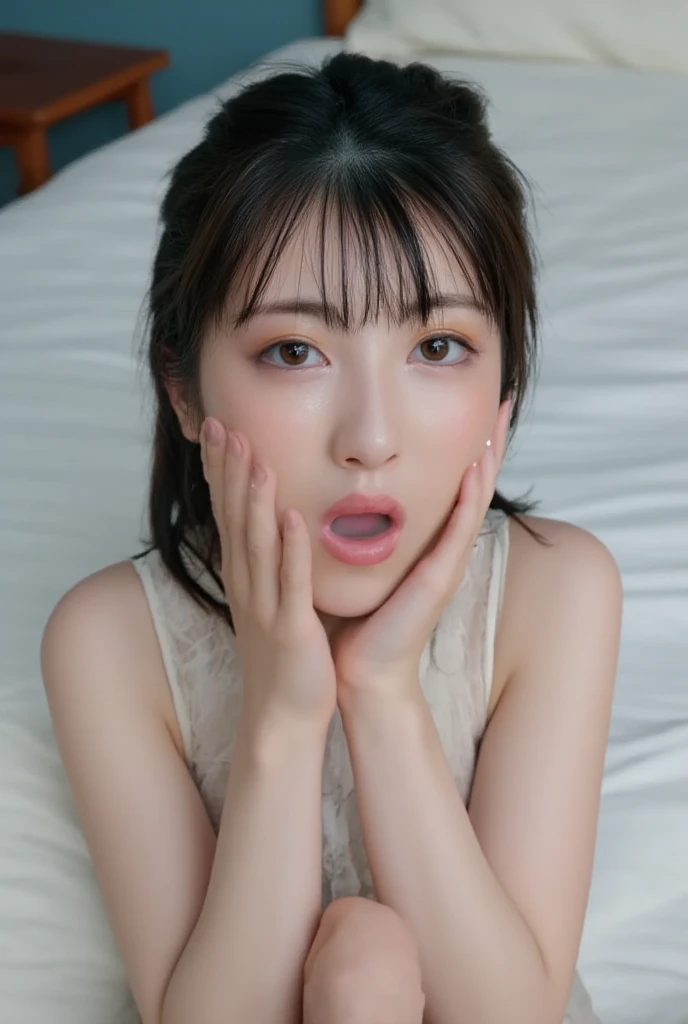 Bathrobes,(open mouth:1.5),(tongue out:2),lying,hand between legs,overhead shot,front view,face focus,(1girl,Beautiful 14 year old girl,ager),((Slender,Small breasts,Small face,)),(looking at viewer),Black Hair,bangs,one side up,Beautiful and detailed,(Dimly lit room:1.5),White bed,pillow,Mischievous smile
