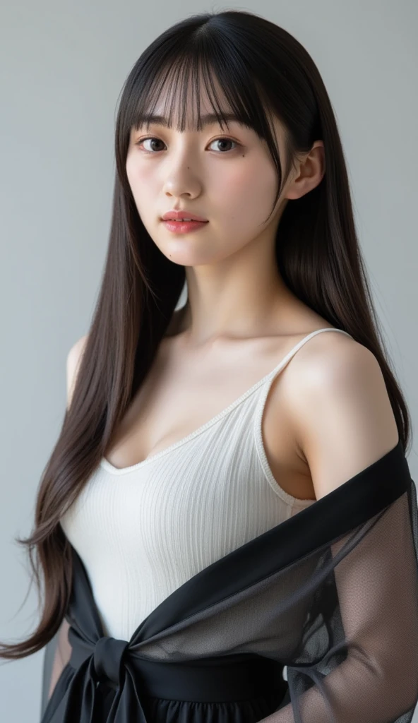 masterpiece, highest quality, 8k, 20th Generation, Big Breasts, cute, alone, sad, cute, Girlish, cute、Delicate girl, Pure beauty, RAW Photos, Professional photography, Portraiture, Soft Light, Professional Lighting, Backlight, Upper Body, avert your eyes, Sophisticated, Film Grain, (Round face、Young Face、Thin eyebrows、Thin lips:1.0), Floating Hair, beautiful, Flowing hair, bangs, White blouse、pastel cardigan、(Big Breasts:1.2)、The chest is slightly visible、Micro Mini Skirt、Voluptuous thighs、dolly make、Heterochromia iridis、Left and right eyes are different colors、Midsummer sky、Cumulonimbus、Summer beach