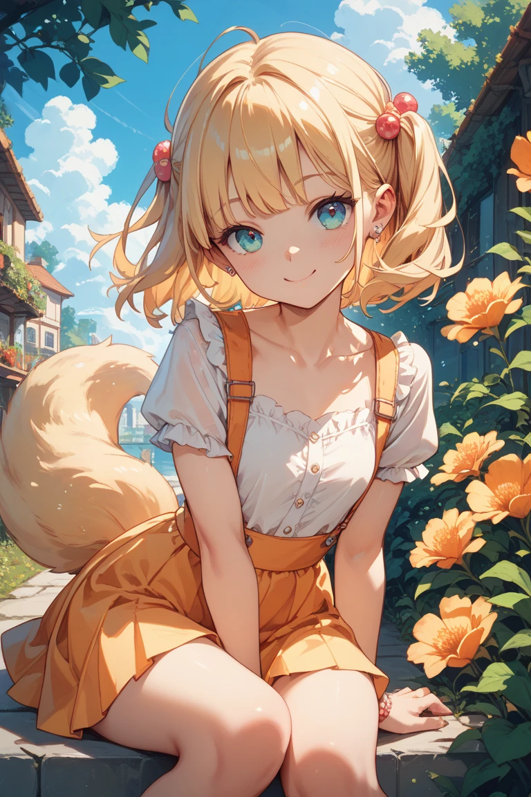 top quality, highres, High-quality illustrations, unparalleled masterpiece(movie of life)nature inspired imagery, rendered in maya, romanticized views, lively illustrations, hyper realistic, whimsical cartoonish, farm, Blue sky, clouds, florals Beautiful garden(furry anthro, solo, girl, casual fashion, Relux pose, Smile)absurdres, perfect anatomy, caustics, cinematic lighting, lens flare, deep shadow, dynamic angle,
