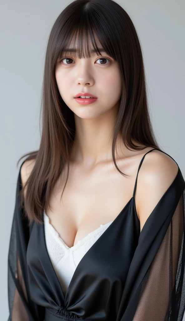 masterpiece, highest quality, 8k, 20th Generation, Large Breasts, cute, alone, sad, cute, Girlish, Delicate girl, Pure beauty, RAW Photos, Professional photography, Portraiture, Soft Light, Professional Lighting, Backlight, Head to knee photo, avert your eyes, Sophisticated, Film Grain, (Eyes and facial details:1.0), Short floating hair, Beautiful, flowing hair, bangs, (Loose-fitting see-through blouse(Vibrant pastel colors))、(Large Breasts:1.u can see a little cleavage、Nipple protrusion、Dolly Makeup、Translucent white skin、White Breasticro Mini Skirt、Voluptuous thighs、Odd Eye、The colour of the left and right eyes are different