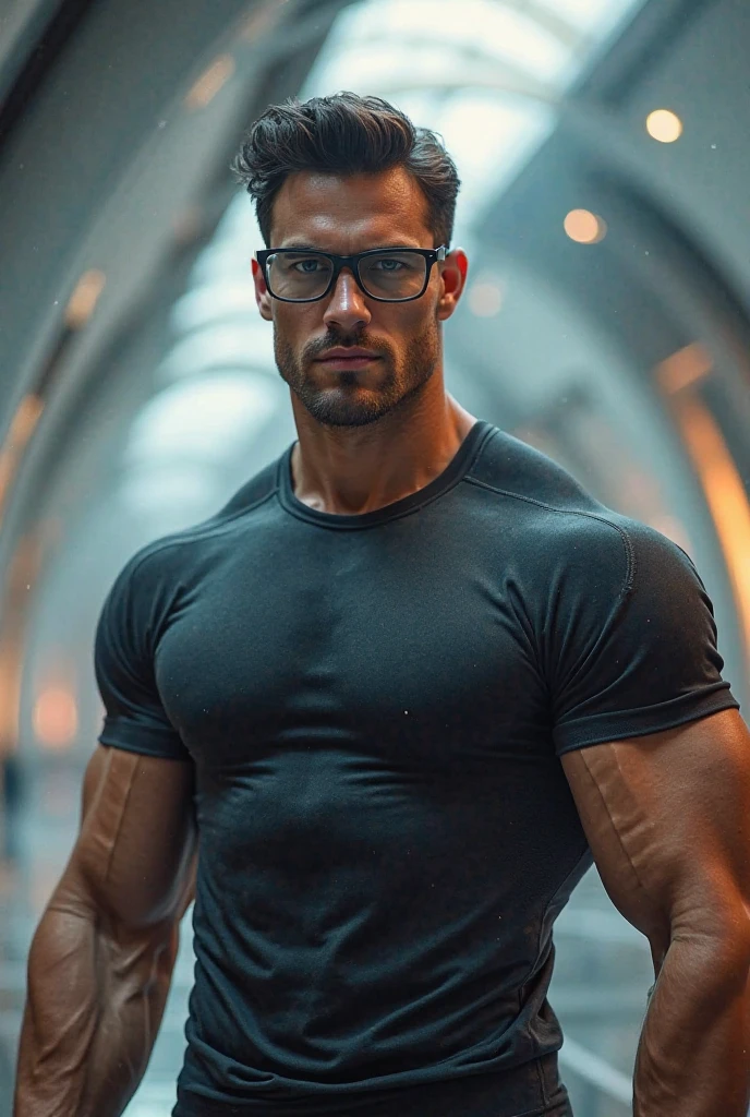 An award-winning original photo,A wild muscular man, (40 years old daddy:1.1), 1boy, Solo, (blue classic t-shirt), (tool belt), (blue baseball cap), black hair, (big shoulders), musculature, stubbles, Short beard, Beautiful eyes:1.3, ), (Detailed face:1.3), wearing glasses, smiles, Dynamic Angle, volumetric lighting, (Best quality, A high resolution, Photorealistic), Cinematic lighting, Masterpiece, RAW photo, Intricate details, hdr, depth of field