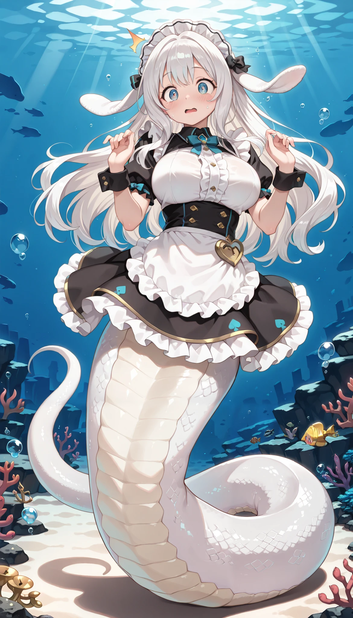 1 girl, big breasts, malice pawn march hare,alone, blush,White hair ,maid outfit,(Underwater:1.2),full body photo, masterpiece,most,amazing quality,is very beautiful,Ridiculous,(full five fingers),lamia,White snake girl tail,shy,surprised expression