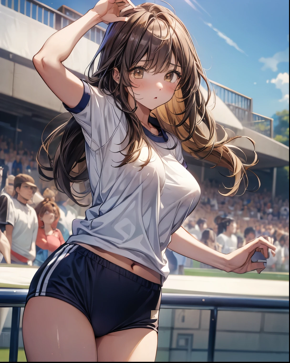 ((((Perfect Anatomy, Very detailedな肌)))), 1 girl, Kogane Tsukioka, B93, Japanese, 19 years old, Shiny skin, big breasts:0.5, look at the scenery, Beautiful Hair, Beautiful Face, Beautiful fine details, (Long Hair:1.4), ((brown hair)), Beautiful clavicle, Beautiful body, Beautiful breasts, Beautiful thighs, Beautiful feet, Baby Face, Captivating thighs, My chest is about to burst, Well-shaped navel, Red Bloomers, Short white jacket, ((Smiling)), (Look forward), (((Blushing, Embarrassed expression)), (Beautiful views), Stadium Background, (8k, highest quality, Masterpiece:1.2, Very detailed), (Realistic), Beautiful illustrations, Cinema Lighting,