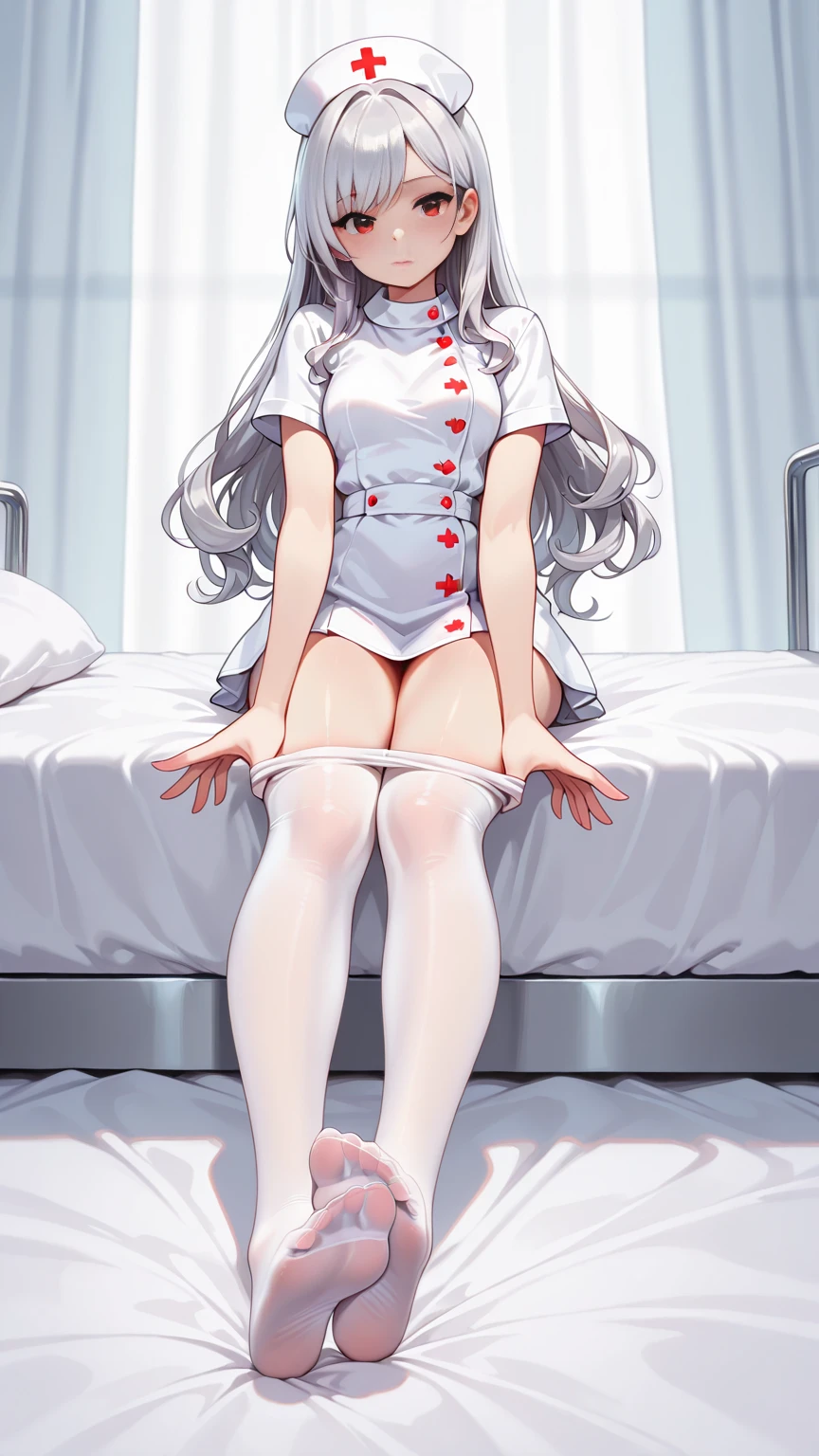 NSFW, white hair, blue eyes, medium straight hair, medium bust, adult female, solo, full body, blushing, shy, sexy nurse