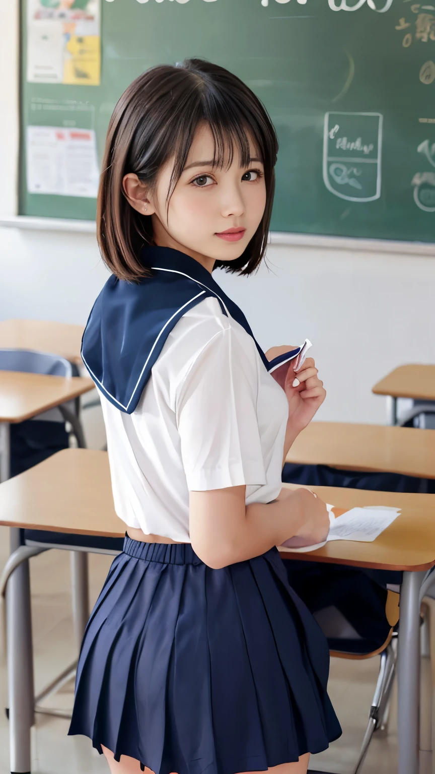 (top quality, 8k, 32K, masterpiece, ultra high definition :1.2), one girl, beautiful Japanese schoolgirl from under obreak、thin waist in the video department, navy blue pleated skirt、white shirt, in the classroom、from behind, (((Buttを突き出すセーラー服の女の子:1.2))),Detailed Faces, short hair,((panties)) without makeup、dull eyes、sailor collar、Babyface、(((Roll Up Your Skirt、pantiesを見せて下さい)))、(Butt、panties、inside a skirt:1.1)、