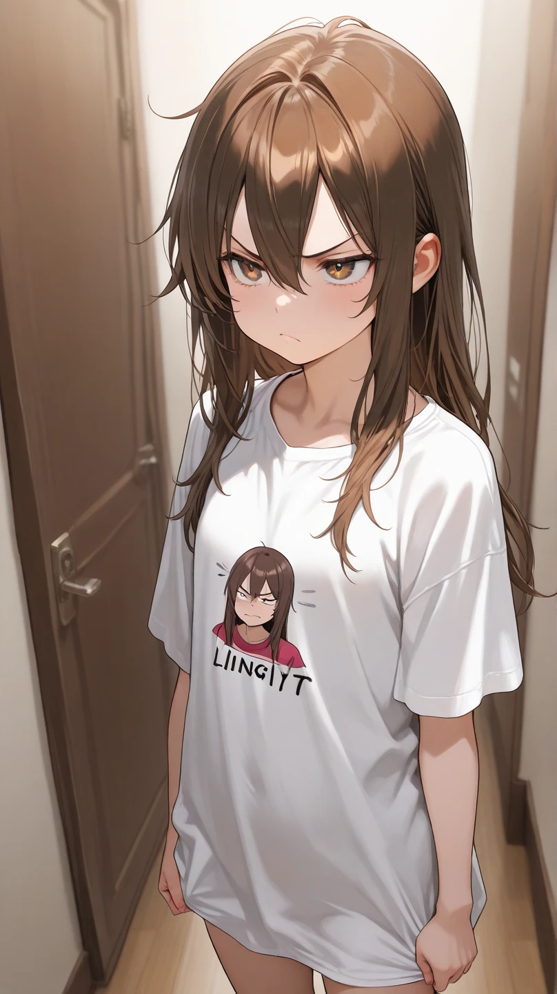 hand up, Shooting from below、looking down, Upper Body, Realistic, real person, (pale skin: 1.2), RAW photo, photorealistic, shiny skin, shiny hair、(A 25-year-old woman with medium-length hair and bangs) and (wavy hair) and (brown hair) and (Orange Eyes) , (White T-shirt) 、(sad:1.1), The background is a hospital room.、Alone、Are standing