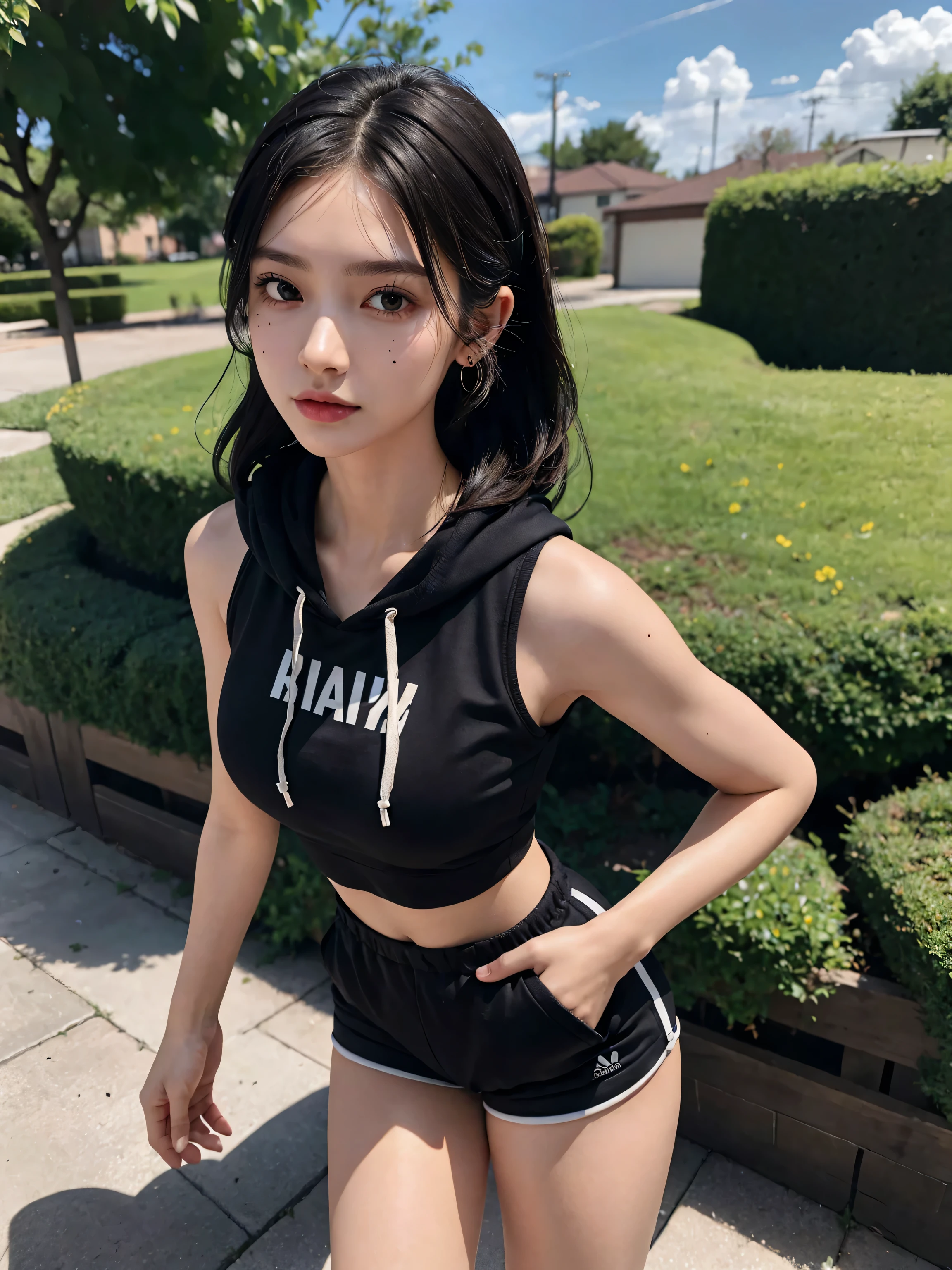 highly detailed face and body, ray tracing, 8k,  21 years old, model, tall, perfect body, passionate and cute look, long black hair, black eyes, sports outfit, sports top and tight nylon shorts, small firm breasts, light skin, sitting on table, legs spread wide open, hands at the back