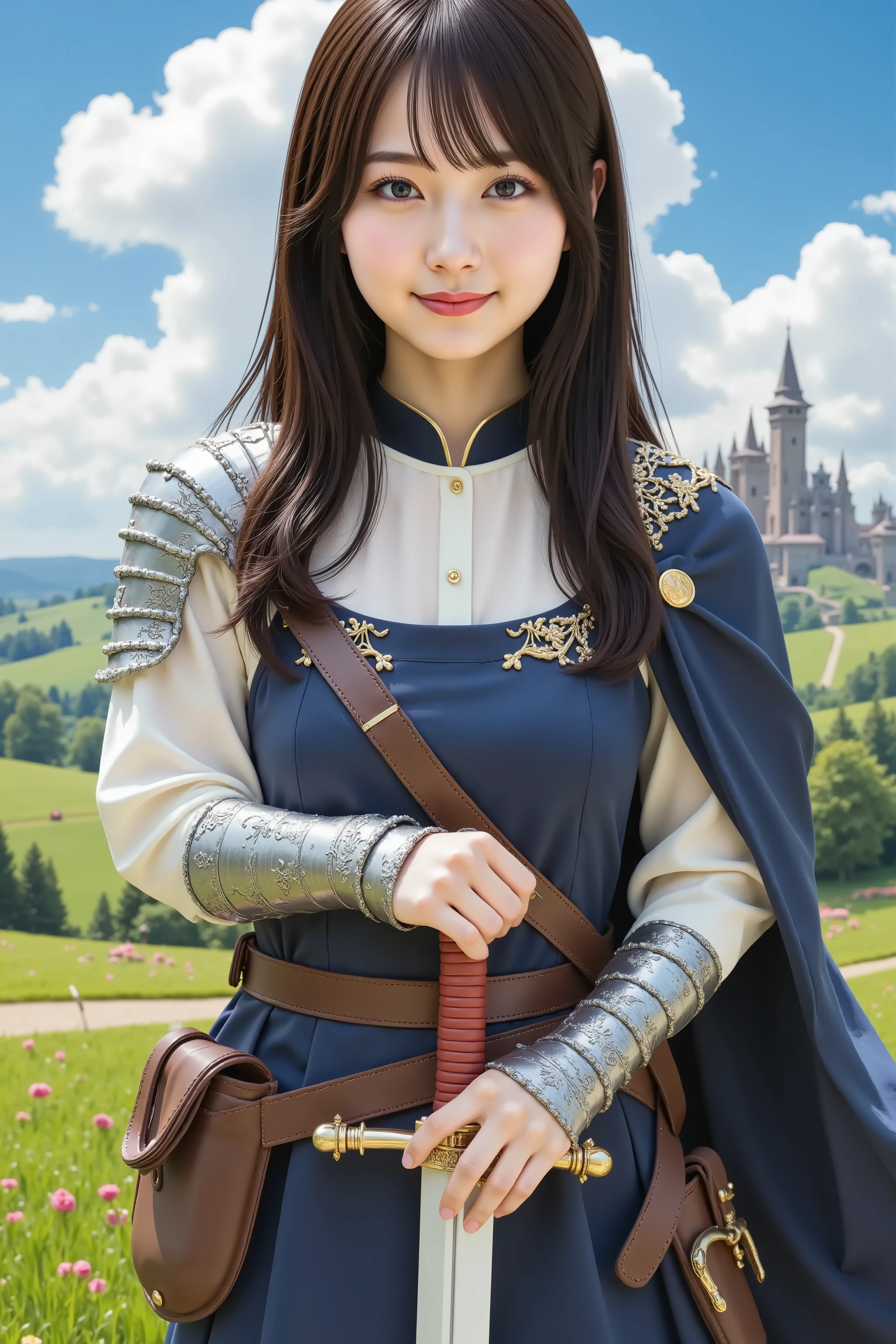 A highly detailed, ultra-realistic digital illustration of a beautiful young Asian female swordsman standing proudly in an expansive, lush green field inspired by classic fantasy RPGs. She is captured in a medium close-up shot, ensuring her entire head is visible with appropriate headroom while focusing on her from the thighs up. Her long, flowing black hair cascades down her back in soft waves, with delicate bangs framing her determined yet gentle face. Her deep, expressive eyes convey both courage and a sense of adventure, while her lips curl into a confident yet warm smile.
She wears an elegant yet battle-ready swordsman’s outfit, consisting of a fitted blue and silver tunic with gold embroidery, layered over a sturdy yet flexible set of leather and metal armor plates. A dark blue cape flows behind her, slightly lifted by the breeze, adding to her heroic presence. Her hands are clad in fingerless leather gloves, designed for both dexterity and protection. A wide belt with pouches and a sheath for her sword rests securely around her waist, completing her battle-ready ensemble.
She firmly grips a beautifully crafted longsword, its gleaming silver blade reflecting the sunlight. The hilt is intricately designed with golden accents, and the grip is wrapped in fine leather, ensuring a perfect hold. The blade rests slightly tilted to her side, as if she is prepared for battle but at ease in the moment.
The background showcases a vibrant, open field reminiscent of classic RPG settings, such as Dragon Quest, with rolling green hills stretching far into the horizon. The sky is a brilliant blue, dotted with fluffy white clouds. In the distance, a few scattered medieval-style buildings and a towering castle can be seen, hinting at a nearby town or kingdom. A dirt path winds through the field, leading toward adventure. Colorful slimes and small fantasy creatures can be spotted frolicking in the distance, adding a whimsical, game-like charm to the scene.
The composition is