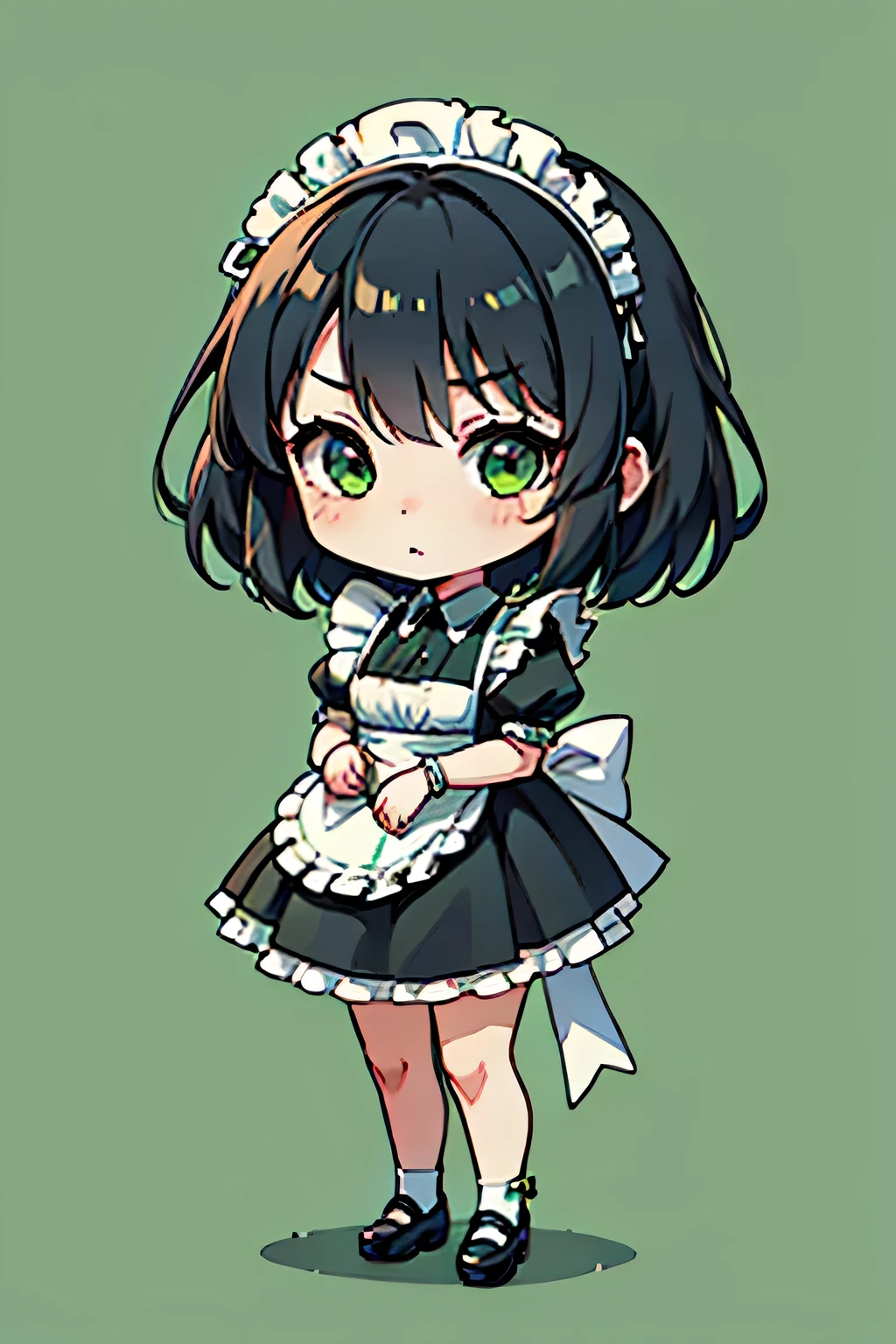 1Girl、Chibi、Maid、BLACK HAIRー、full body,green background