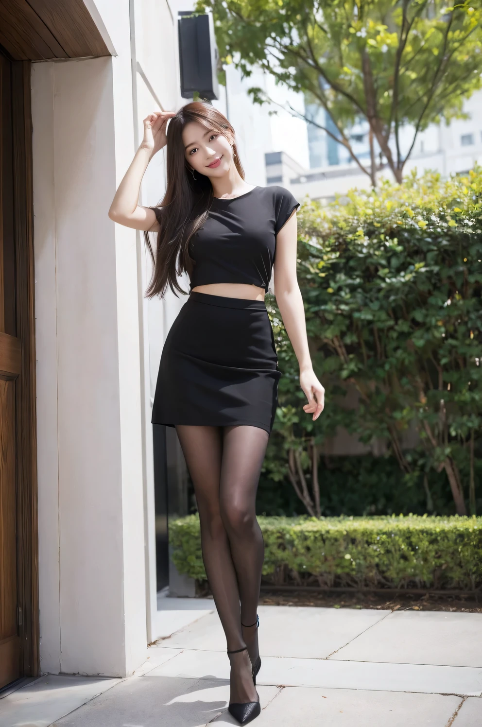 ((最high quality, masterpiece, High resolution,)) One Girl, Random color flare chiffon short dress, smile, Mouth closed,lips, Long hair blowing in the wind, Beautiful eyes in every detail,Thin lashes, Beautiful Face,in addition_body, (Ultra-realistic pantyhose)、Skirt and thighs、(Full Body Shot:1.6)、Tyndall effect,Realistic, Rim Light, Two-tone lighting,(Skin with attention to detail:1.2), 8K Ultra HD, Digital SLR, Soft lighting, high quality, Volumetric lighting, Frank, photograph, High resolution, 4K, 8k, Bokeh, Downtown Area, afternoon、Bare thighs!!!  (Shooting from behind、turn around)、
