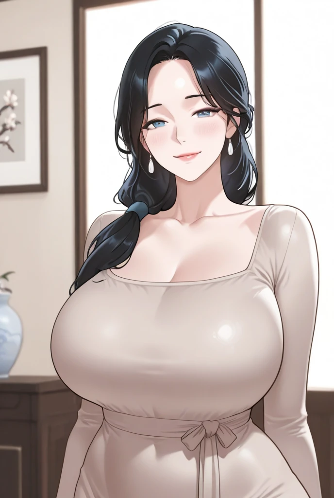 nari mature beautiful milf mom sleeping on bed , mature body breasts , voilet hair , hair braid with blue ribbon,saggy big breasts,long silver butterfly chandelier earrings,red lipstick , smiling, oily sweaty skin, detailed red alluring eyes,