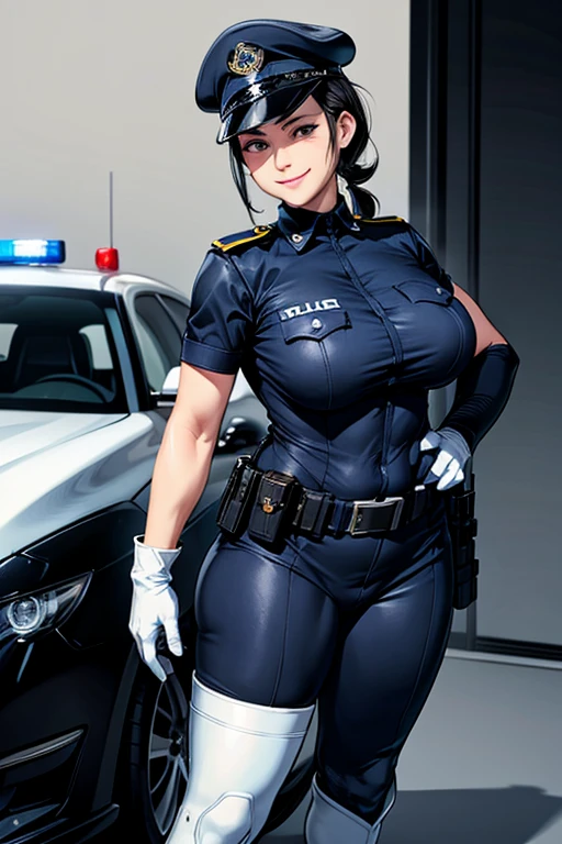 A chubby girl with black hair, freckles and glasses wearing a blue patent leather catsuit, wearing white gloves, white boots and a police cap, holding a submachine gun and standing at the scene of a crime　Police car