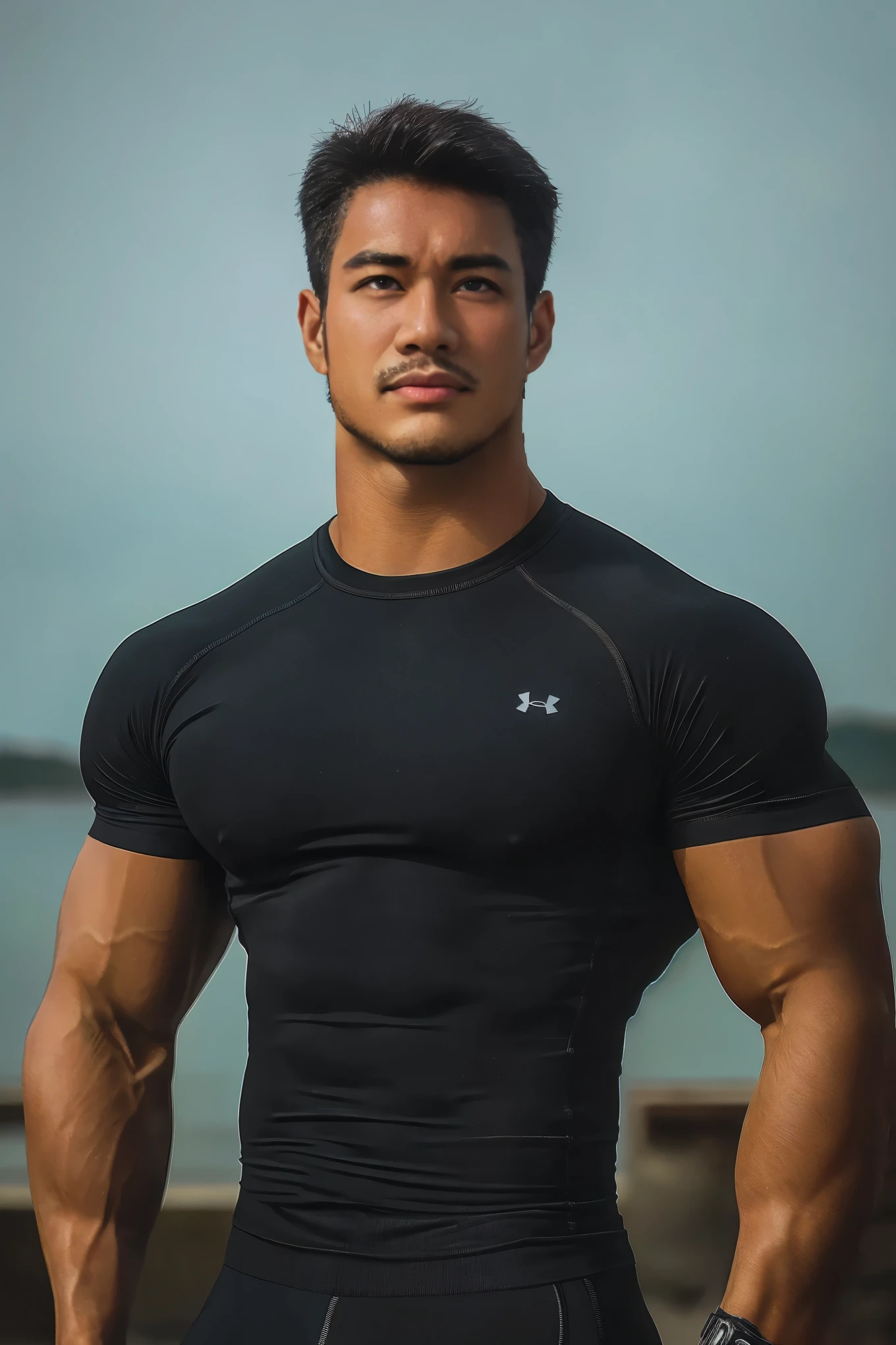 1 Chinese man 2 He is holding a flag 8 meters long and it is the flag of China 3 he has a black background 4 he has six-pack abs 5 he has tattoos of Chinese dragons 6 The man is half naked