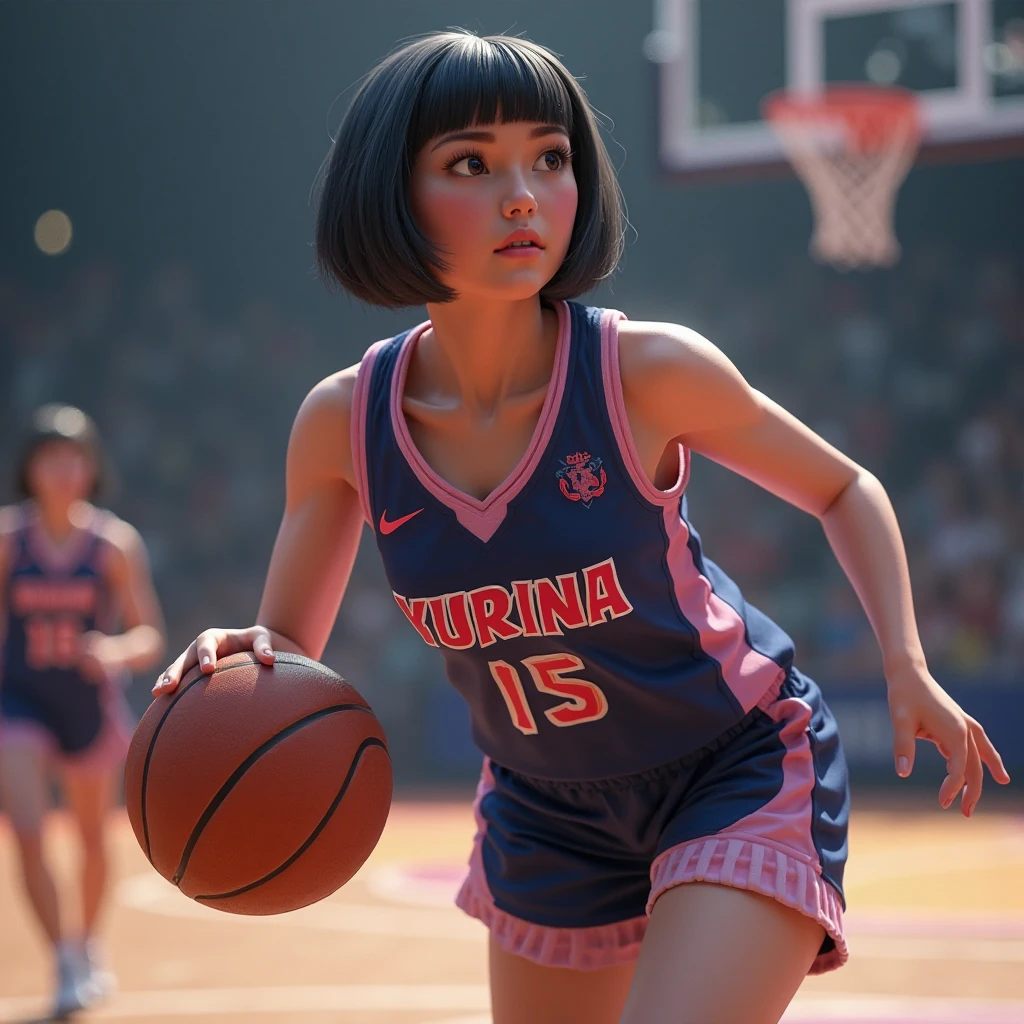 Crie um personagem de alta qualidade, Mulher jogando basquete, em uma quadra