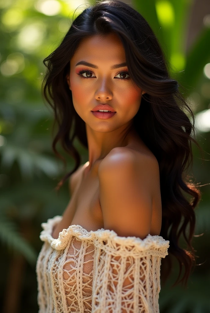 A 1 young woman with long dark hair, sexy outfit, in Hawaii. Warm and soft lighting. amazing photograph, DSLR, 80mm Sigma f2, depth of field, intricate natural lighting
