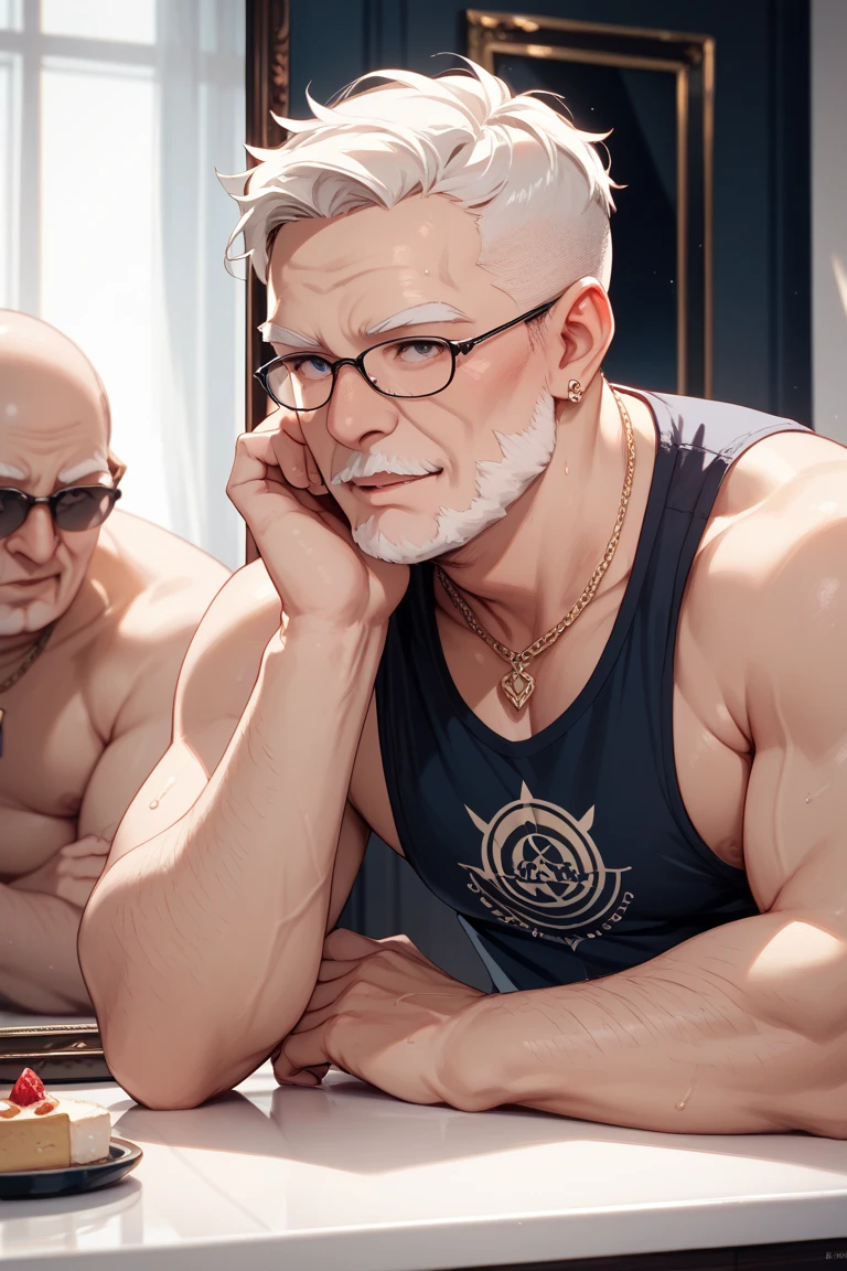 A very manly old man,The train squeezed several people from behind,Hugged him,Speak in his ear,Other men held him in their lap,Pick him up,(Wear only red panties,The crotch is prominent and big),40k,photography,tmasterpiece,Best quality,dark grey background,(1 blue eyes、Blonde man fast),big ass and plump breasts,Until waiting to be worn、(white cardigan:1.3),old man leaning on back,Picked him up,striking various poses。muscle men,musculous,