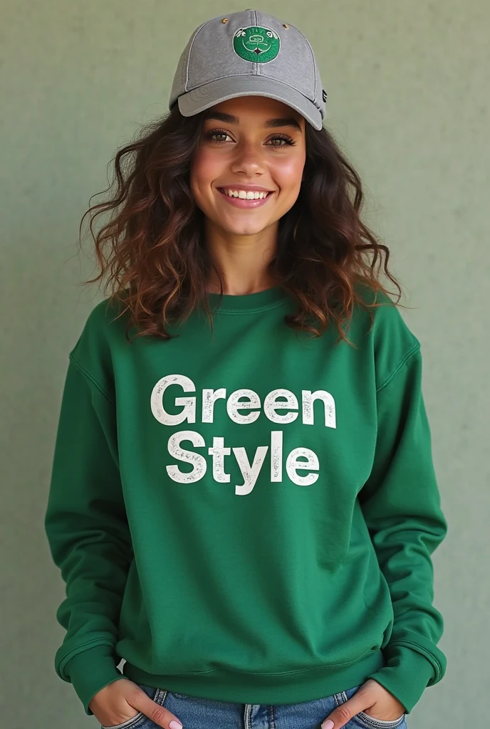 Nina Dobrev dressed in broccoli clothing with a smile
