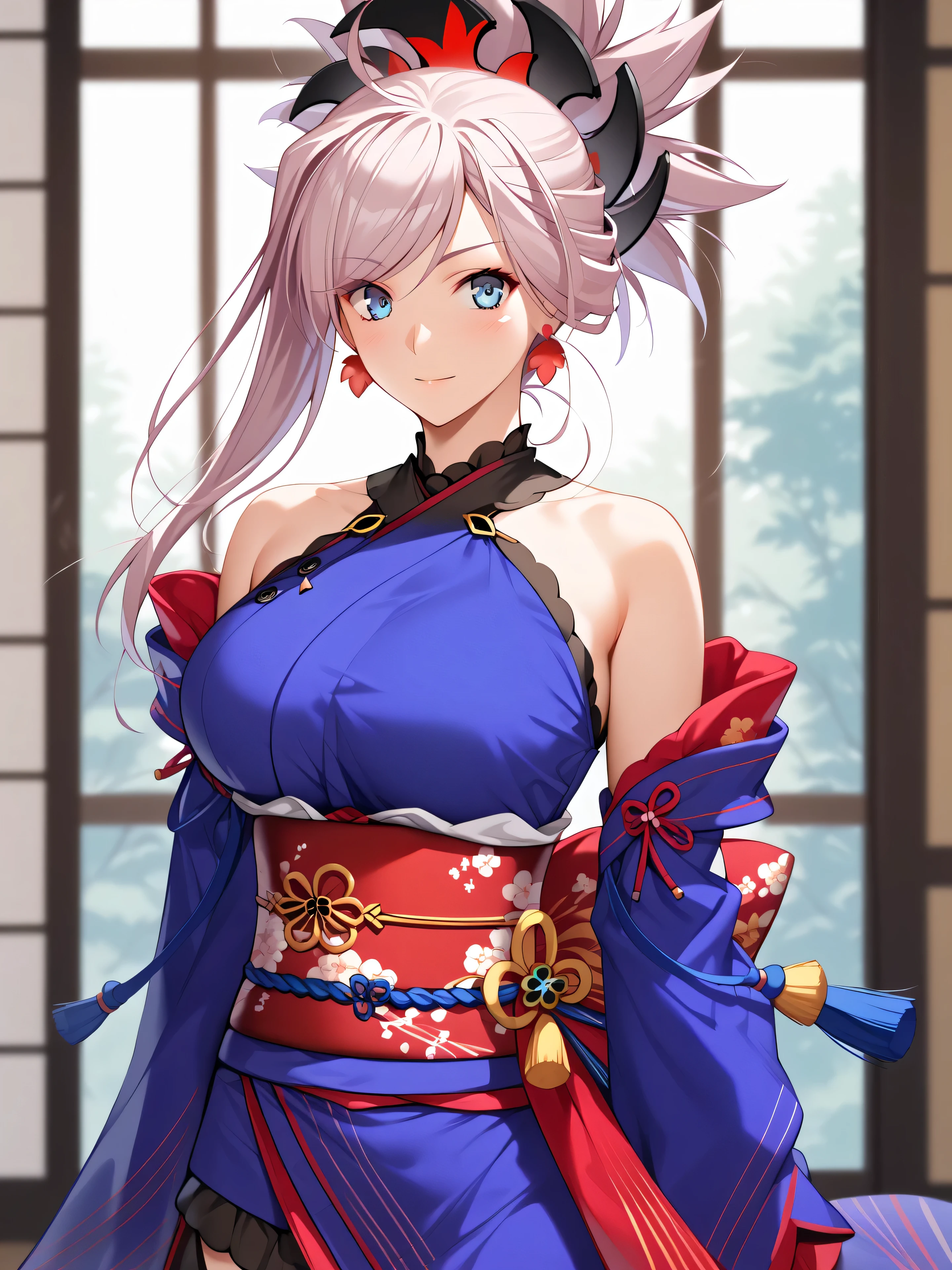 master piece、Best Quality,Super detailed,High resolution,Extremely detailed CG,Unity 8K Wallpaper,weat,score_9, score_8_up, score_7_up, score_6_up, score_5_up, score_4_up, source_anime,miyamoto musashi, asymmetrical hair, blue eyes, earrings, hair ornament, pink hair, ponytail, sidelocks,bare shoulders, blue kimono, detached sleeves, elbow sleeve, japanese clothes, kimono, obi, sash, sleeveless, sleeveless kimono,mature female,professional quality, nsfw