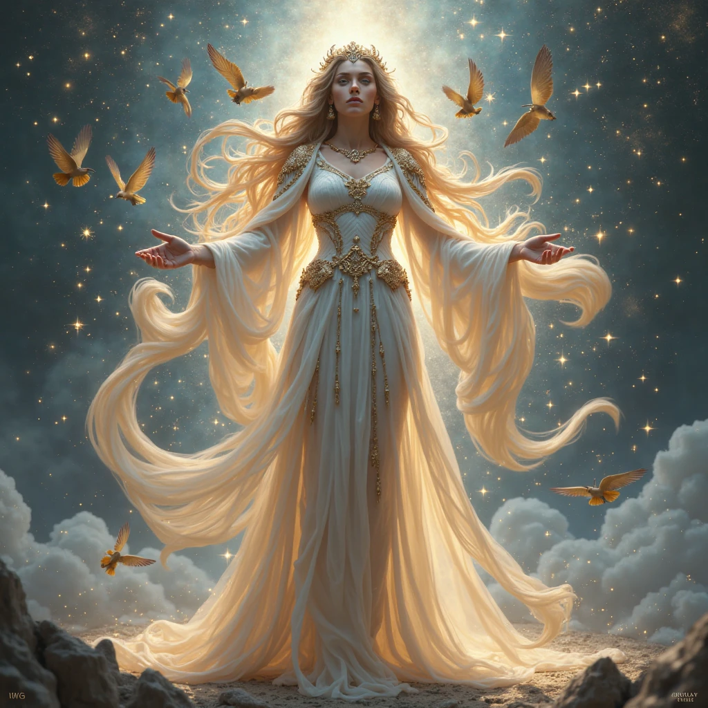 Style: Vector, Photorealistic: 1.4 Character: Girl, , Angelic face, Light blue eyes, Clear and flawless skin Pose: Walking towards us while floating in the air, extending her right hand with a radiant and extremely divine light Outfit: Closed wedding dress covering the entire body, trailing behind her, in the color of petal pink, adorned with golden seams and precious stones Footwear: High-heeled sandals made of sparkling crystal with gold details Hair: Variable in type, size, color, and styled to complement the angelic face Eyebrows: Variable in shape, color, and expressiveness Mouth: Variable in shape, lip and teeth color, with detailed texture Environment: Heavenly setting resembling a kingdom of heaven, illuminated by divine white and golden light, enhancing the girl's body with a radiant divine glow Detail Level: - Masterpiece (ultra-realistic details) - Portrait (emphasis on facial expressions) - Realistic (faithful representation of the figure) - 3D Face (tridimensional facial modeling) Lighting: - Divine (white with golden) Layers (8): 1. 2 background layers (heavenly scenery) 2. Layer behind the character (soft and glowing clouds) 3. Layer for the wedding dress 4. Layer in front of the character 5. Layer for bright eyes and the divine light in the hand 6. Layer for divine light and shadow effects 7. Layer for natural hair movement 8. Layer for accessories (high-heeled sandals) Additional Considerations: - Variable facial expressions (happy, serene, divine, etc.) with emphasis on the angelic face - Camera angles (slightly from below to highlight the divinity) - Soft wind effects gracefully lifting the dress flaps - Enhanced details for glowing eyes and precious stones on the dress - Special effects to accentuate the divine light emanating from the extended hand - Possibility to adjust image resolution and aspect ratio to enhance the celestial beauty of the scene (pattern,Model:MeinaMix) --auto --s2