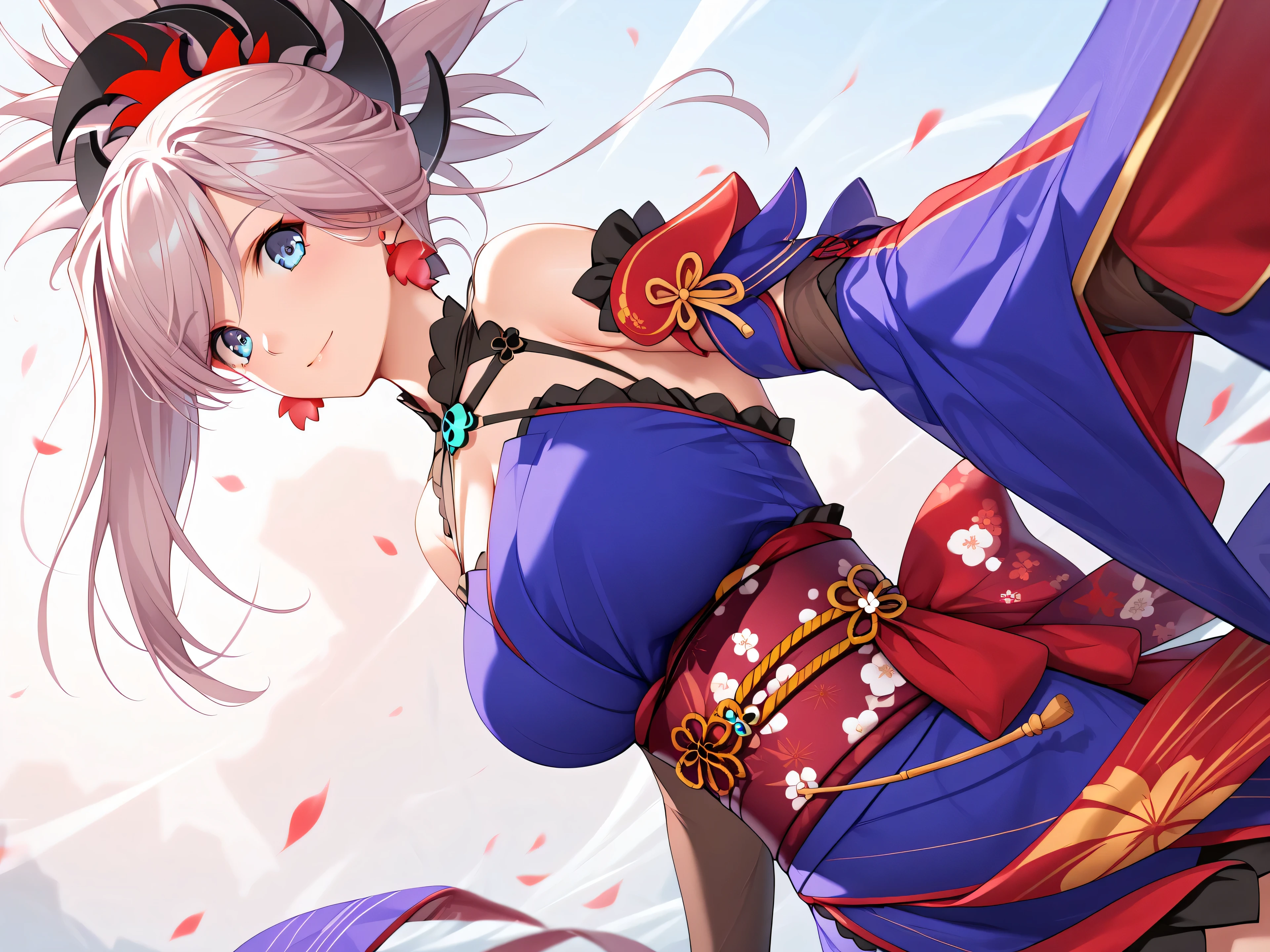 master piece、Best Quality,Super detailed,High resolution,Extremely detailed CG,Unity 8K Wallpaper,weat,score_9, score_8_up, score_7_up, score_6_up, score_5_up, score_4_up, source_anime,miyamoto musashi, asymmetrical hair, blue eyes, earrings, hair ornament, pink hair, ponytail, sidelocks,bare shoulders, blue kimono, detached sleeves, elbow sleeve, japanese clothes, kimono, obi, sash, sleeveless, sleeveless kimono,mature female,professional quality, nsfw