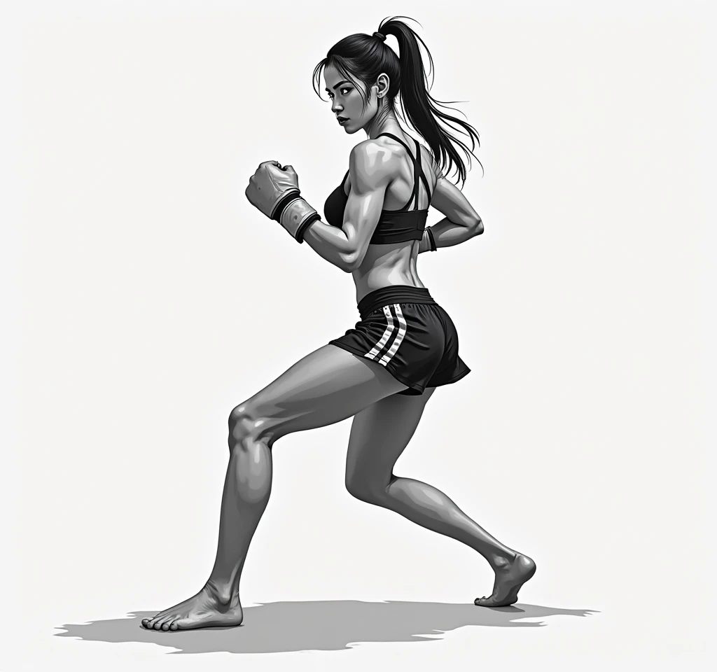 Korean martial arts woman, in white bra, white cotton panties, throwing a high kick, realistic art style, intricate details