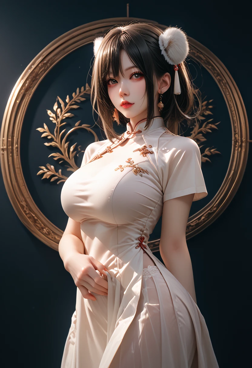 ((((masterpiece, best quality, high resolution)))), ((red chinese restaurant:1.5)), (((black skin:1.5))), Extremely detailed 8K, 1-girl, young girl, Beautiful girl with slender body, (Ultra HD, Ultra-detailed, Highly detailed, Highly realistic, Ultra-realistic, photograph realistic), (1girl:1.5), (Realistic hair), (short wavy hair:1.5, huge perky nipple), (dynamic poses), facing at camera, looking at viewer, (blushing red, embarrassed, shock face), (black eyes, rounded eyes, double eyelid), (huge breast:1.5, shaggy breast), (beautiful detailed face, beautiful detailed eyes, detailed skin, detailed belly skin), ((pubic hair, realistic wet vagina, huge breast)), (sitting, open leg, stretching leg:1.3), dark nipple, ((cowboy shot)), seductive, hyper pregnant:1.5, realistic vagina, (cheongsam:1.3)