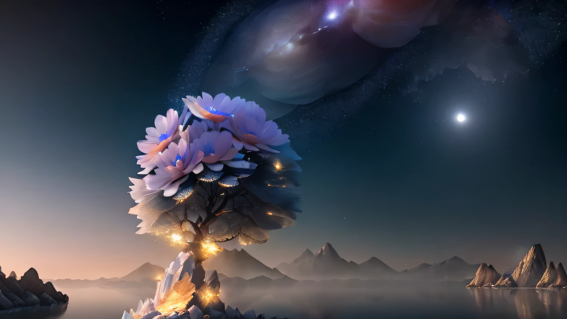 masterpiece, best quality, (Highly detailed CG unity 8k wallpaper), (best quality), (The best illustration ), (Best Shadows), 发光精灵, ( no one:1.5), Lack of manpower, night view, Round lake, It is surrounded by woods, (lake, Moonlight shines: 1.3), Sky, Full of stars , 月亮在lake面上空盘旋, (一缕缕月光落入lake中: 1.4), (一朵美丽的花朵从lake中心升起:1.4 ), (crystal flower :1.5), (crystal flower 瓣在月光下闪闪发光:1.5), Colorful sparks spin around the flower, fantasy, complicated, Elegant, highly detailed, digital Painting, artstation, Concept map, Matte, clear focus, illustration. Very High definition, masterpiece, was amazing, stylish ArtStation, 8,000, ultra-high definition, high detail, Very high detail, masterpiece, ( Particle Effects) ETC. d.....3D , Octane ренdеринг, ray tracing, ultra-detailed