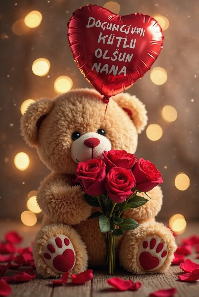 A photo of a plush teddy bear holding a bouquet of red roses - SeaArt AI