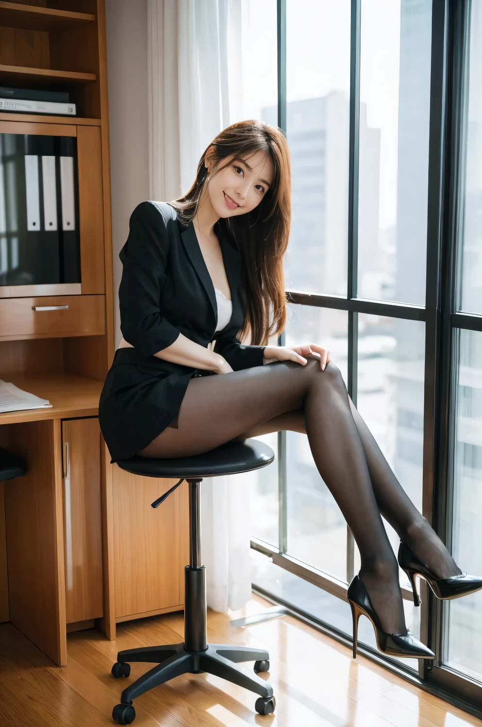 whole body, Highest quality, Realistic, Very detailed, finely, High resolution, 8k wallpaper, 1. Beautiful woman,, Light brown messy hair, Wear a business suit, Sharp focus, Perfect dynamic composition, Beautiful and exquisite, Thin Hair, Detailed Realistic skin texture, smile, Close-up portrait, Model body type,Cleavage、筋肉質で長くBeautiful legs、Beautiful feet、Super mini tight skirt、Spread your legs, Sit on a chair、Show me your crotch、thin black pantyhose、I can see the toes of her high heels、Perfect Style、Perfect Legs、length, Muscular legs、Beautiful legs、tight ankles、Wear Louboutin high heels、smileでパンティを見せつける、Perfect composition、