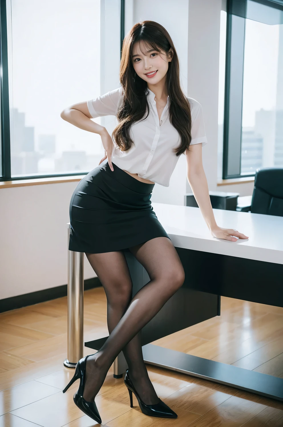whole body, Highest quality, Realistic, Very detailed, finely, High resolution, 8k wallpaper, One beautiful woman,, Light brown messy hair, Wear a business suit, Sharp focus, Perfect dynamic composition, Beautiful and detailed, Thin Hair, Detailed Realistic skin texture, smile, Close-up portrait, Model body type,Cleavage、筋肉質で長くBeautiful feet、Beautiful legs、Super mini tight skirt、Sit on a chair、thin black pantyhose、I can see the toes of her high heels、Perfect Style、Perfect Legs、Long, muscular legs、Beautiful feet、healthy and long legs、Poses that accentuate the legs、Beautiful toned ankles、Sexy Legs、