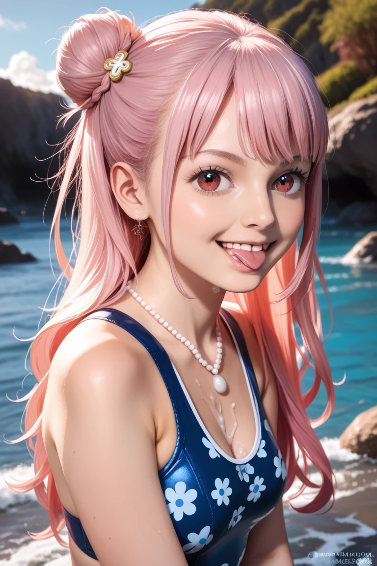 Girl,A smile that shows all your teeth,Emerald Eyes,Light blue ribbon,Twin tails,Dark pink eyebrows,Big eyes,Dark pink hair,Oriental,Sea Story characters,Urin,Dark pink short hair,Pink Sports Swimsuit,whole body,4K,high resolution