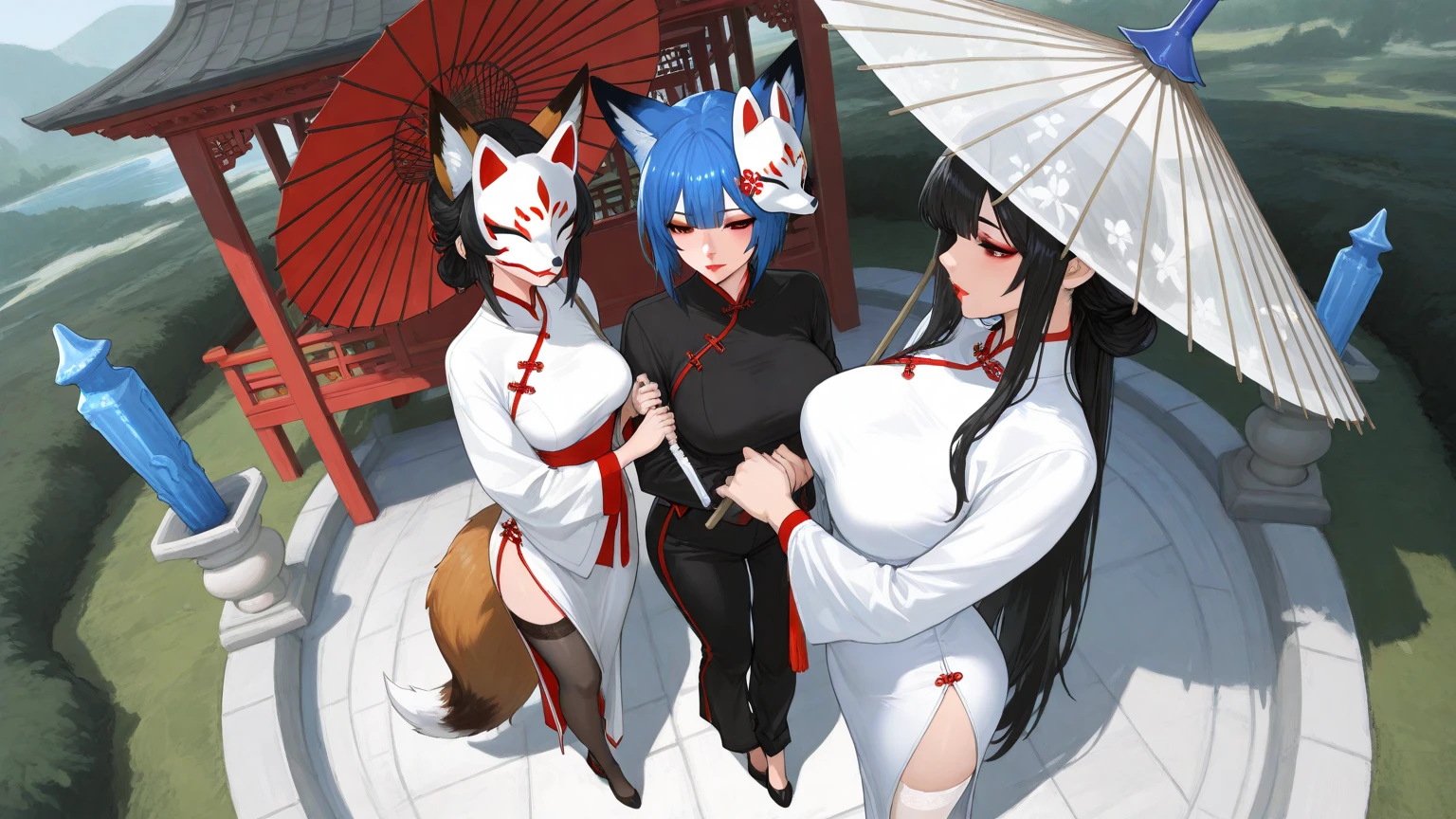by kenket, Ross Tran, ruan jia, zaush, foxovh, by Zackary911, by hyattlen, by teranen, by fumiko, by Pixelsketcher, by fluff-kevlar, bye r-mk, by Dimwitdog, Furry, Anthro, ((mother and daughters)), BREAK, First Daughter: ((oiran), prostitute, (luxurious kimono), female white fox with red markings, kemono, (((small breasts))), long (elegant) white hair, white fur, young girl, cute, innocent expression, alluring eyes, looking at viewer, red markings on body, white fur, traditional japanese, magic fantasy, small, slender, (young)), BREAK, Second Daughter: ((oiran), prostitute, (luxurious kimono), female white fox with red markings, kemono, (((small breasts))), short (elegant) white hair, white fur, young girl, cute, revealing outfit, innocent expression, alluring eyes, looking at viewer, red markings on body, white fur, traditional japanese, magic fantasy, small, slender, (young)),BREAK, Mother: ((geisha), prostitute, (luxurious off-shoulder kimono), female white fox with red markings, kemono, (((huge breasts))), long (elegant) white hair, hourglass body, revealing outfit, seductive, alluring eyes, looking at viewer, red markings on body, white fur, traditional japanese, magic fantasy, white fur, (mature), voluptuous, curvy, milf, (tall), curvy), BREAK, outdoors, cherry blossoms, nighttime, tugging on own clothes, ((3 anthro women)), (((3 people))), (multiple people), mother and her two daughters, (size difference), daughters are shorter than their mother, age difference, mother is taller than her daughters, (both daughters have small breasts), the first daughter has small breasts, the second daughter has small breasts, the mother has huge breasts, the mother is taller than her daughters,
