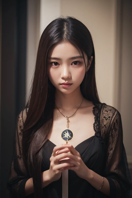 (Ogawa Noriko), (highest quality, Very detailed, masterpiece, In detail, High resolution, 8k wallpaper, highest quality, High resolution), Beautiful face in every detail, Demonic Nuns, jewelry, Mouth closed, Black Dress, Nuns, dark church, Candles, Stained glass, church,