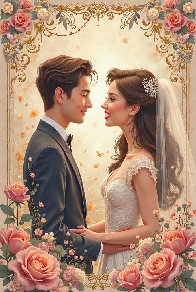 embroidery、Cross stitch,A couple in a wedding dress(a young man and a woman)),Small broken diamond decoration、blossoms、balloons、Streamers、Beautiful clear face,Convivial and romantic atmosphere、simply white background,tmasterpiece,best qualtiy