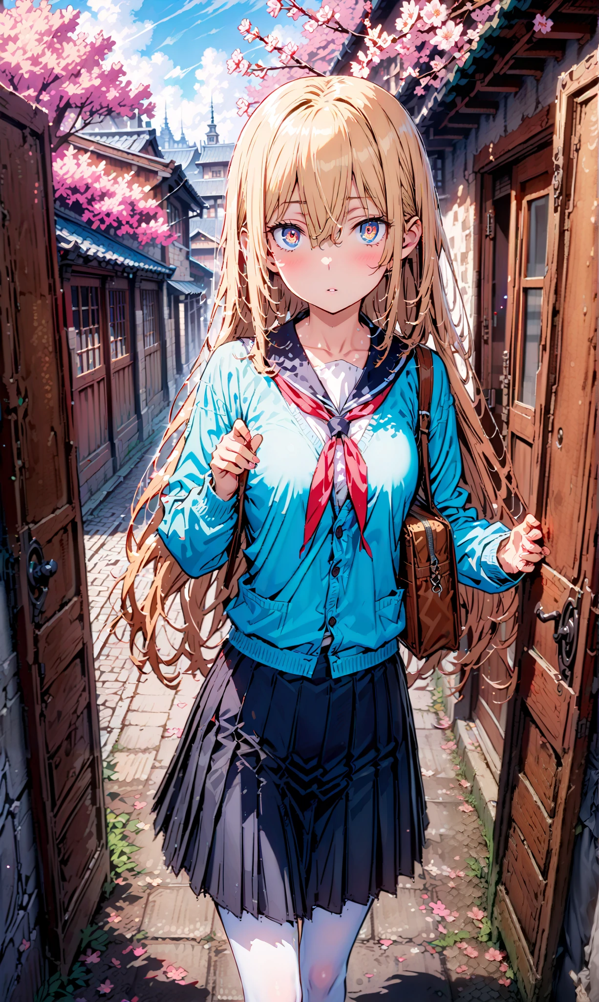 Eyes Wallenstein, Eyes Wallenstein, Gold, hair between eyes, headband, long hair, , and the eyes are,Black sailor suit,long sleeve,blue cardigan,black pleated skirt,white pantyhose as if it were in the illustration,loafers,Student bag 1 :1,is walking,morning,cherry blossoms,School building,Trail,full bodyがillustrationsに入るように,break indoors,school gate,
break looking at viewer,full body,
break (masterpiece:1.2), best quality, high definition, Unity 8k 壁紙, (illustrations:0.8), (beautiful detailed eyes:1.6), Highly Detailed Face, so that it fits into the illustration, extremely detailed CG, (Perfect Hand, PERFECT ANATOMY),